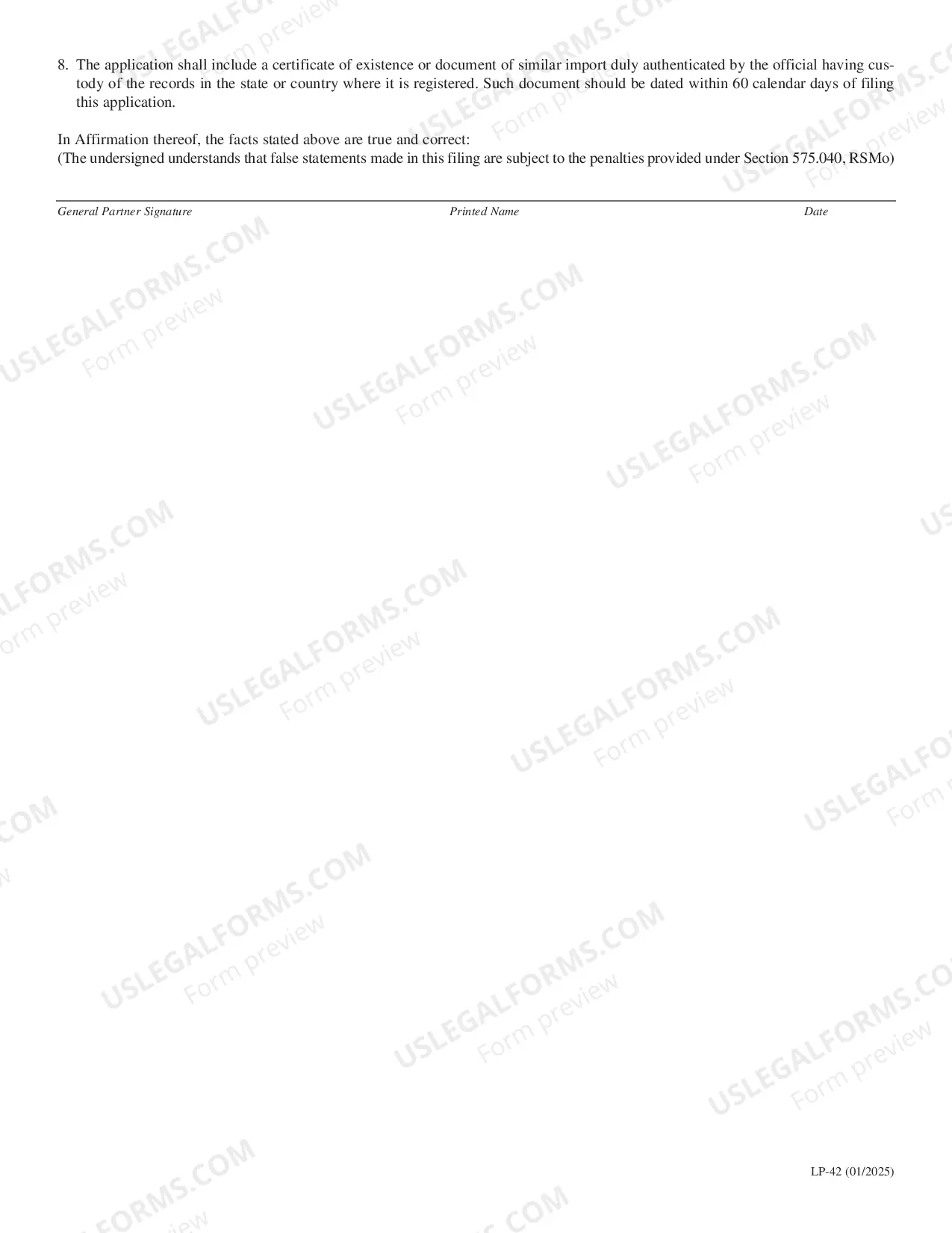 Preview Application For Registration of A Foreign Limited Partnership In Missouri