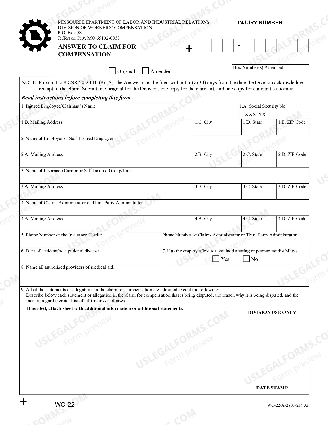 Preview Answer To Claim For Compensation (After 12-31-13)
