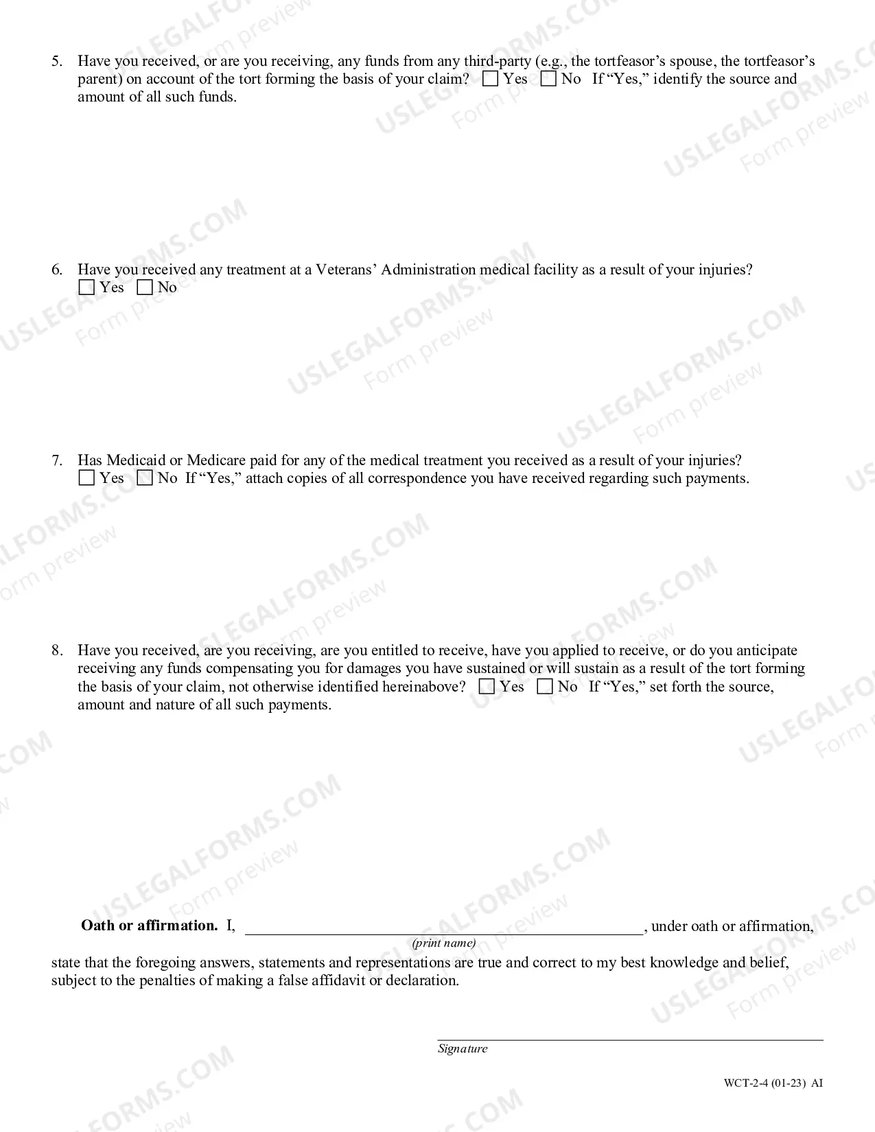 Preview Questions and Affidavit Regarding Benefit Sources and Payments - Affidavit Form A