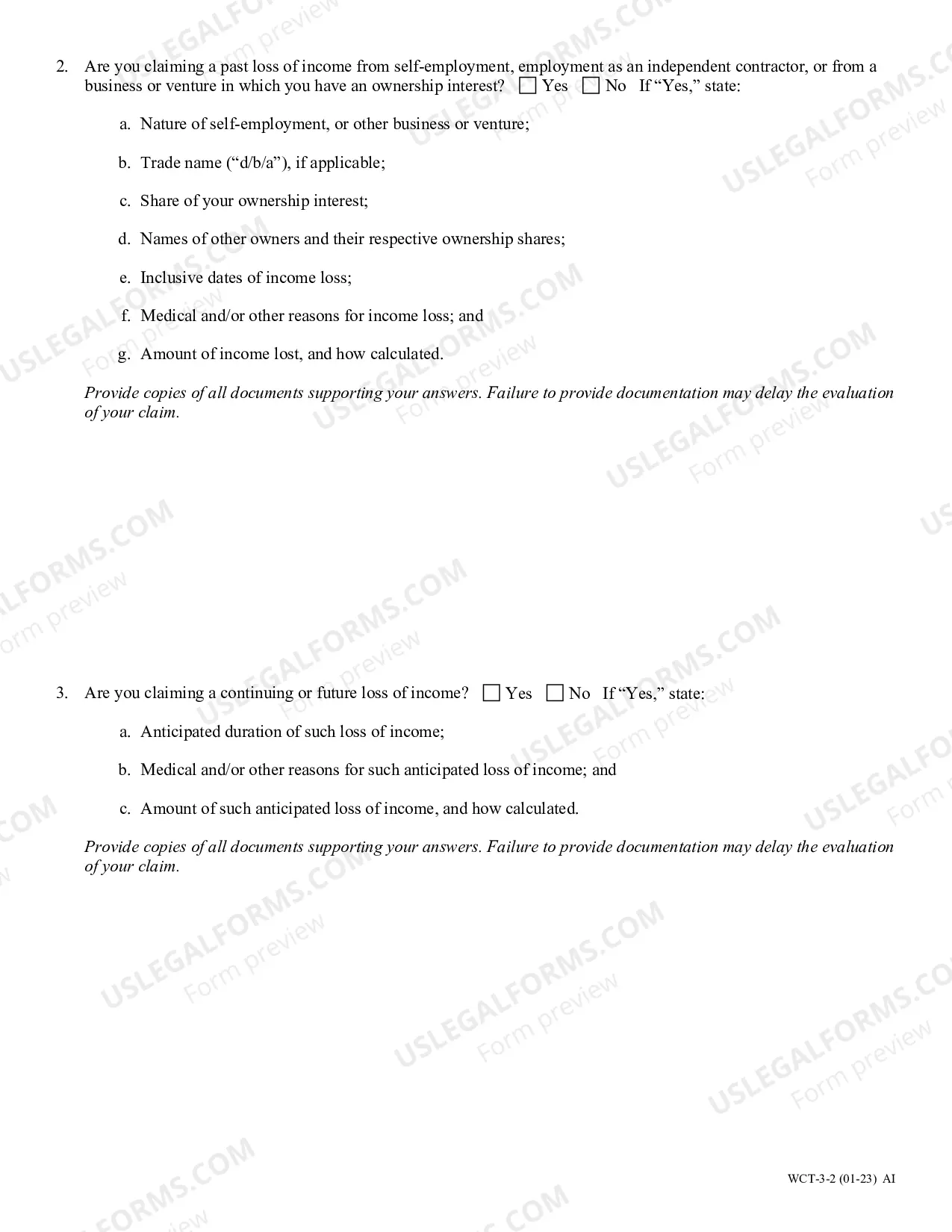 Preview Questions and Affidavit Regarding Lost Income - Affidavit Form B
