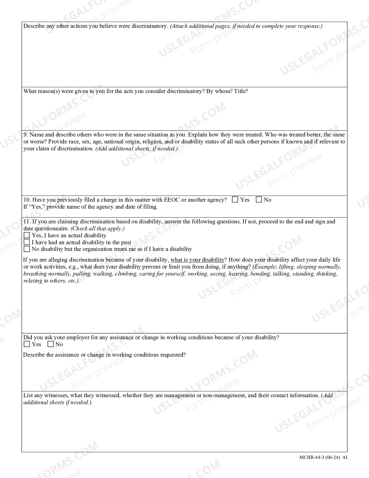 Preview Complaint Intake Questionnaire - Employment Complaints