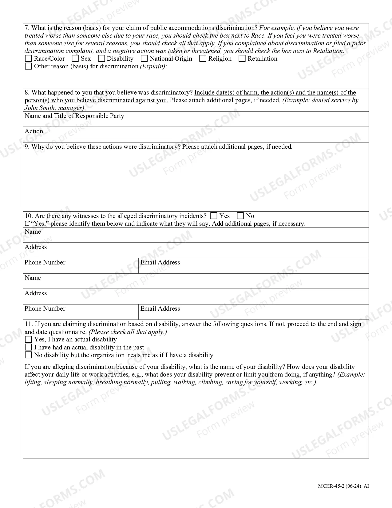 Preview Complaint Intake Questionnaire - Public Accommodations