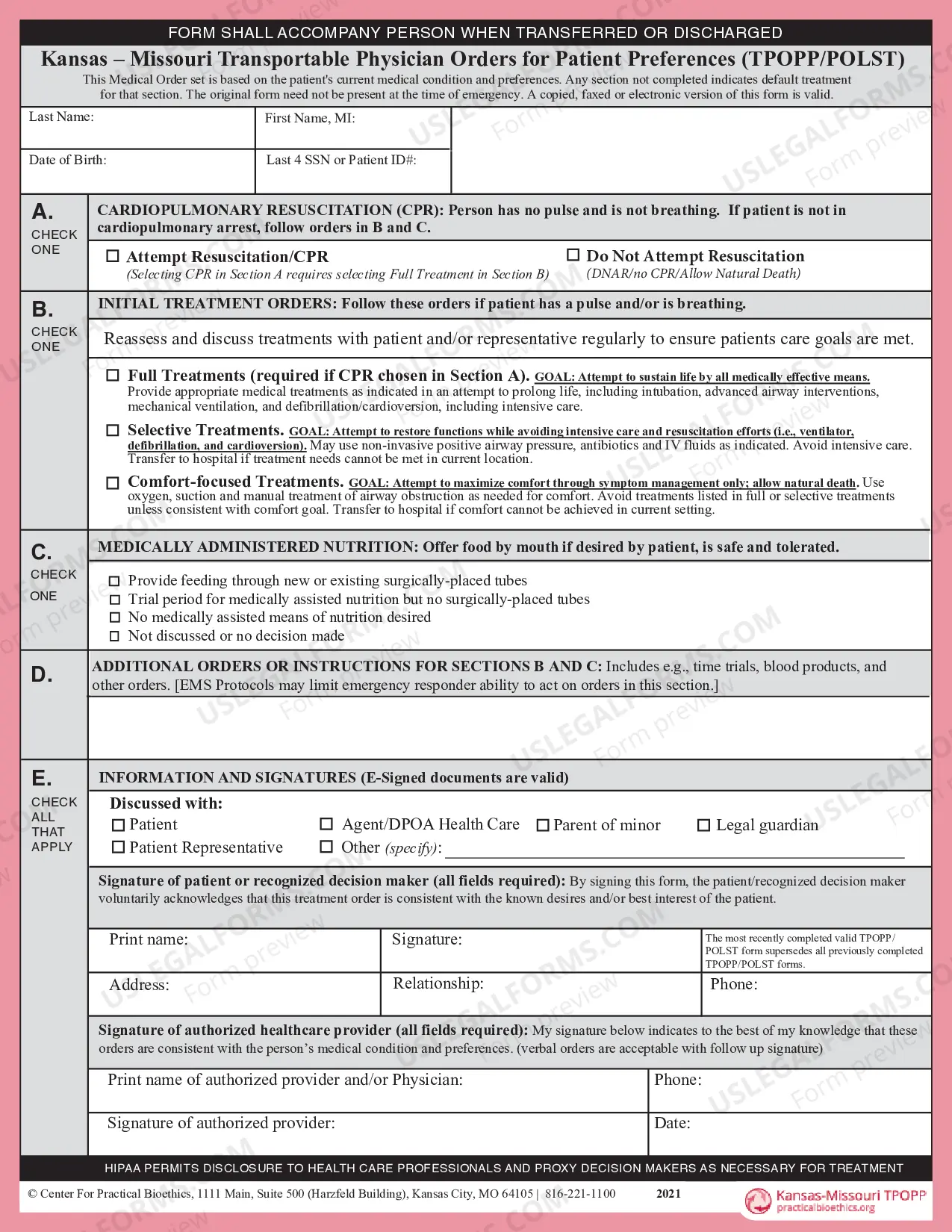 Preview Missouri Transportable Physician Orders for Patient Preferences