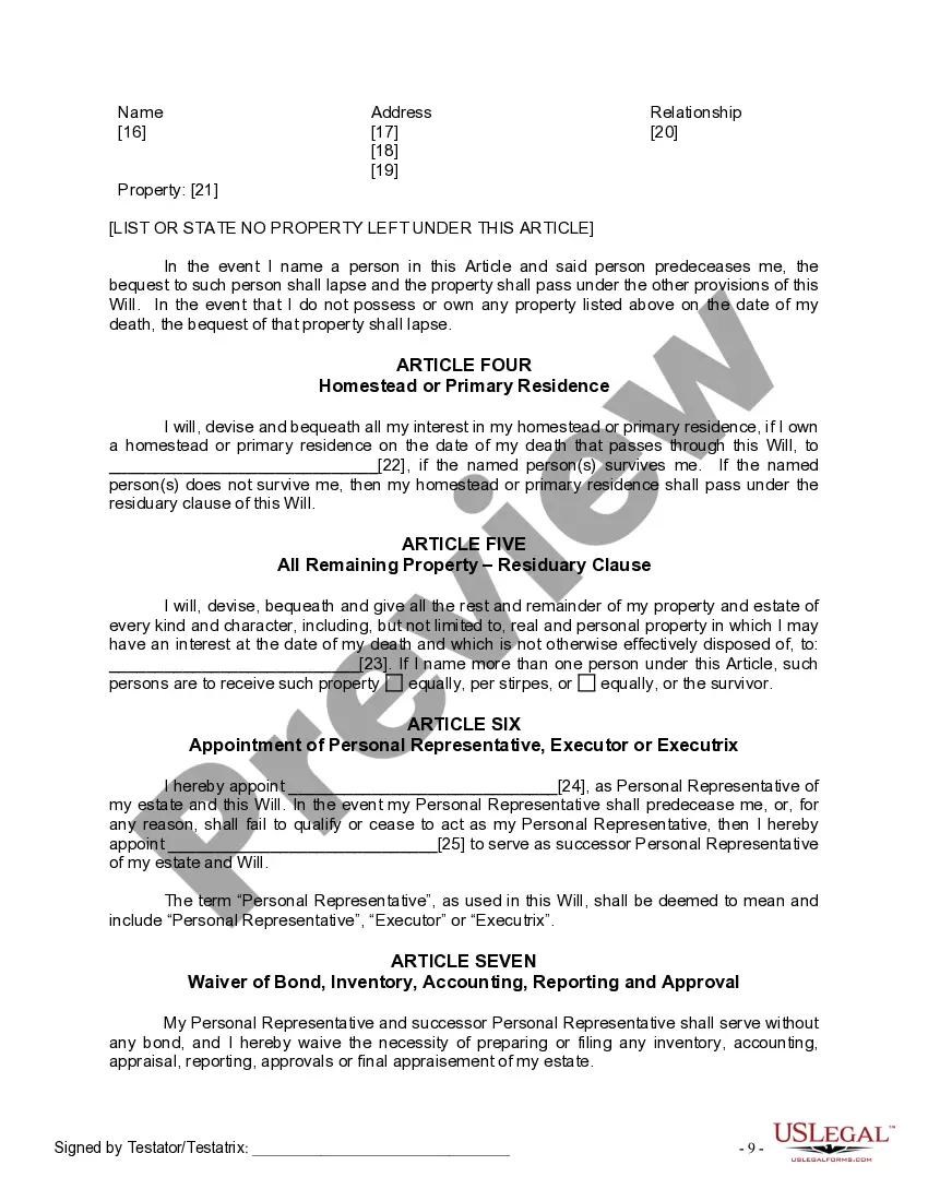 Preview Last Will and Testament for Single Person with No Children