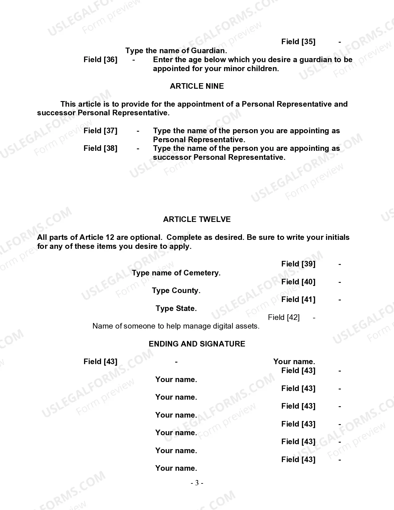 Preview Last Will and Testament for a Single Person with Minor Children