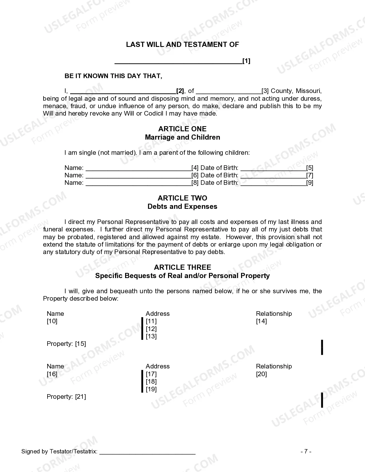 Preview Last Will and Testament for a Single Person with Minor Children