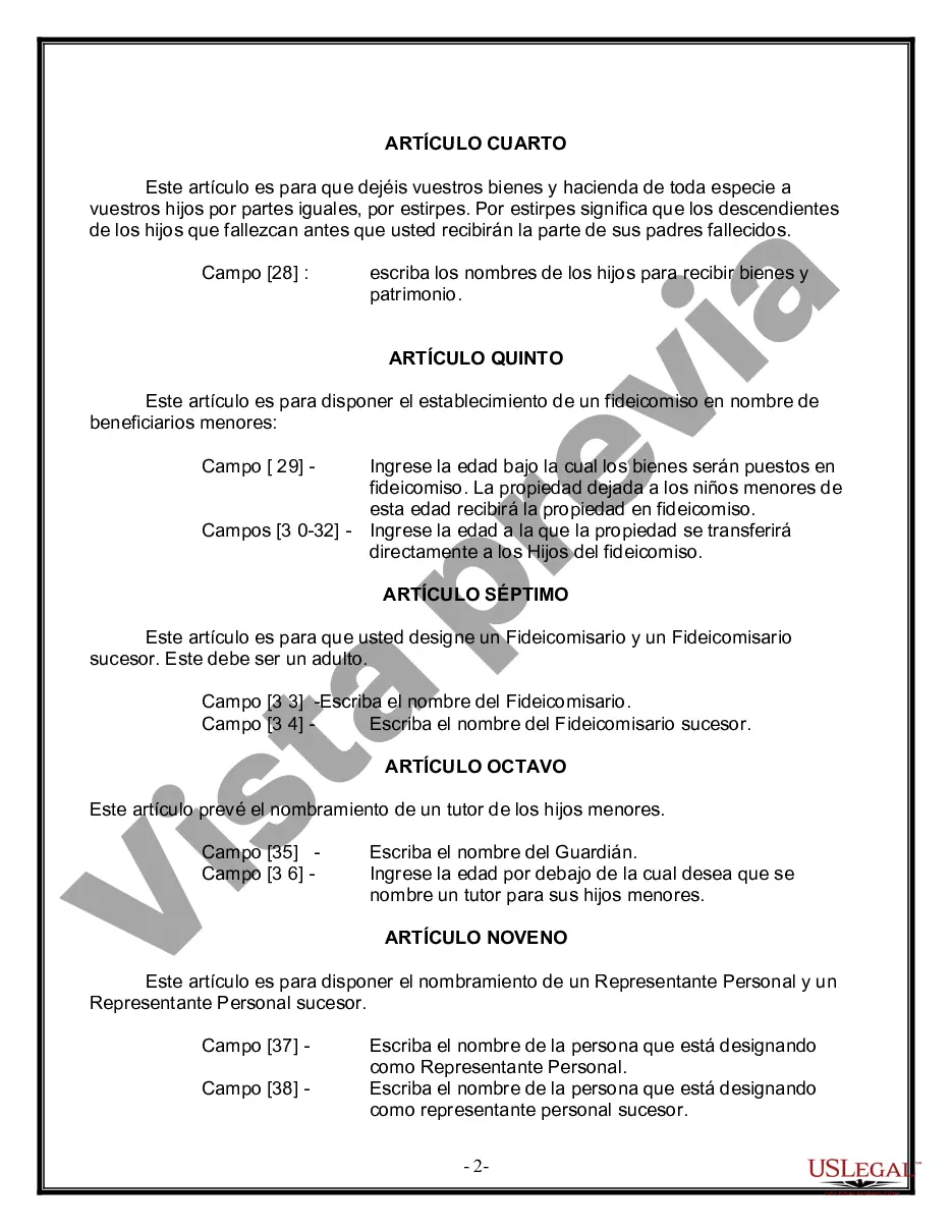 Preview Formulario Legal de Última Voluntad y Testamento para Persona Soltera con Hijos Adultos y Menores