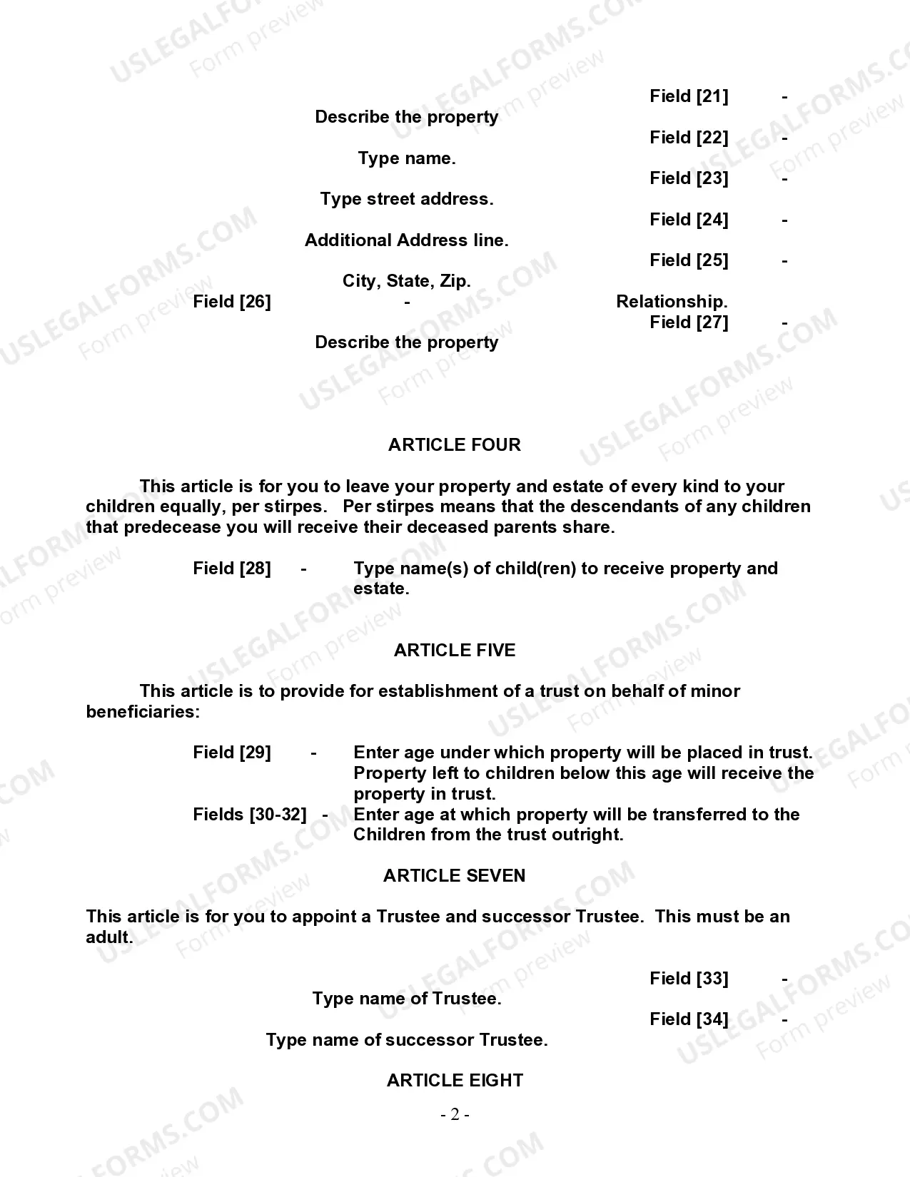 Preview Last Will and Testament for Single Person with Adult and Minor Children