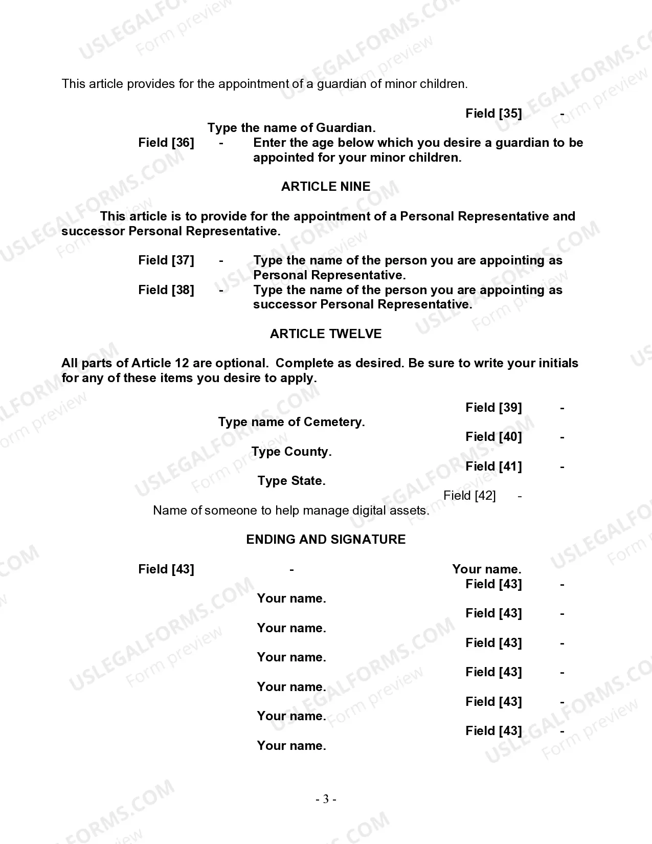 Preview Last Will and Testament for Single Person with Adult and Minor Children
