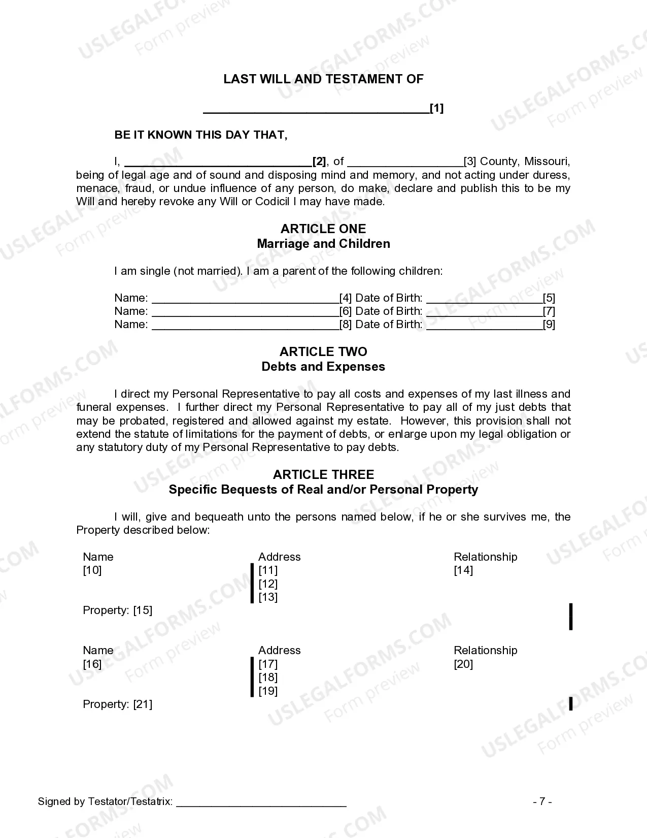 Preview Last Will and Testament for Single Person with Adult and Minor Children
