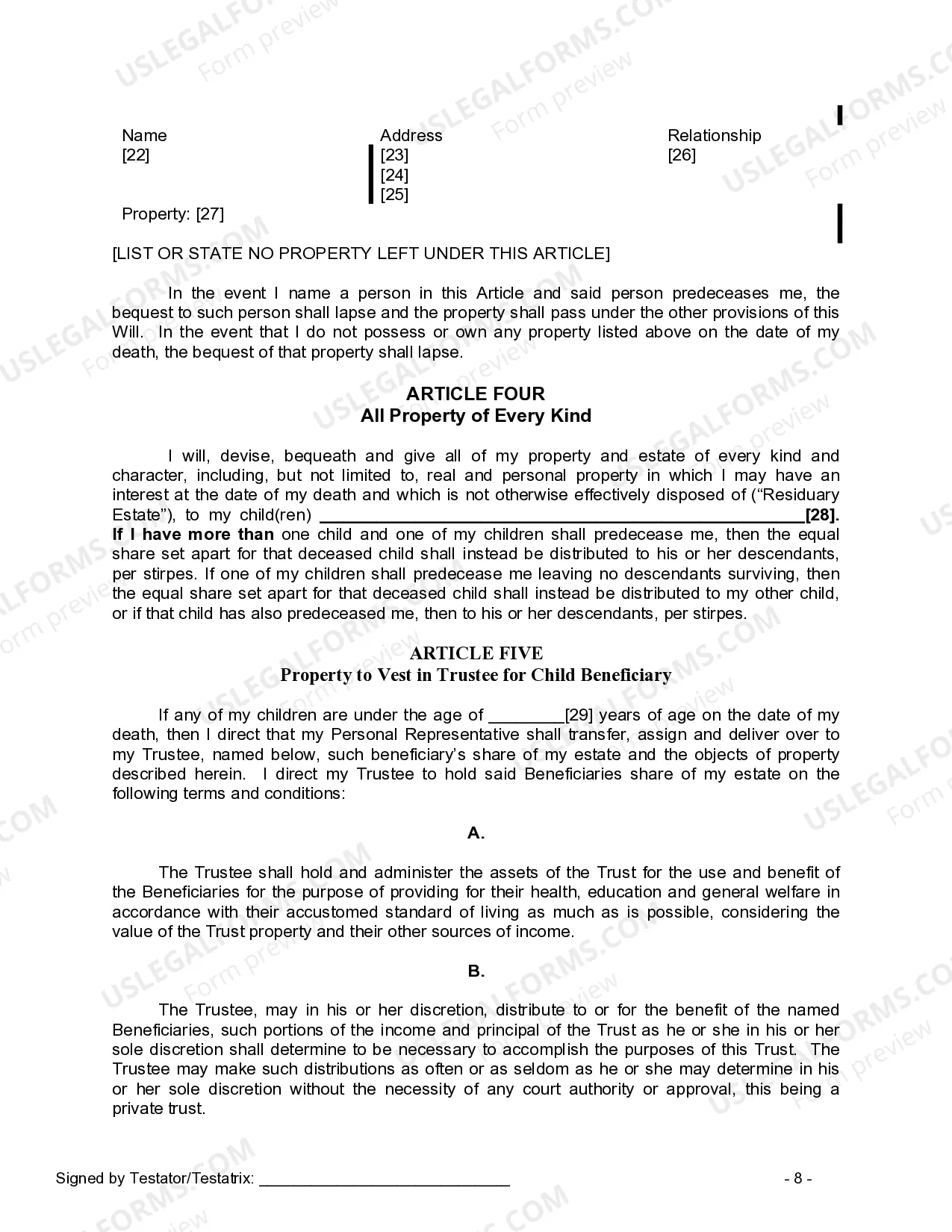 Preview Last Will and Testament for Single Person with Adult and Minor Children
