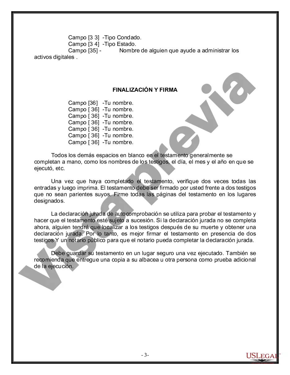 Preview Formulario Legal de Última Voluntad y Testamento para Persona Soltera con Hijos Adultos