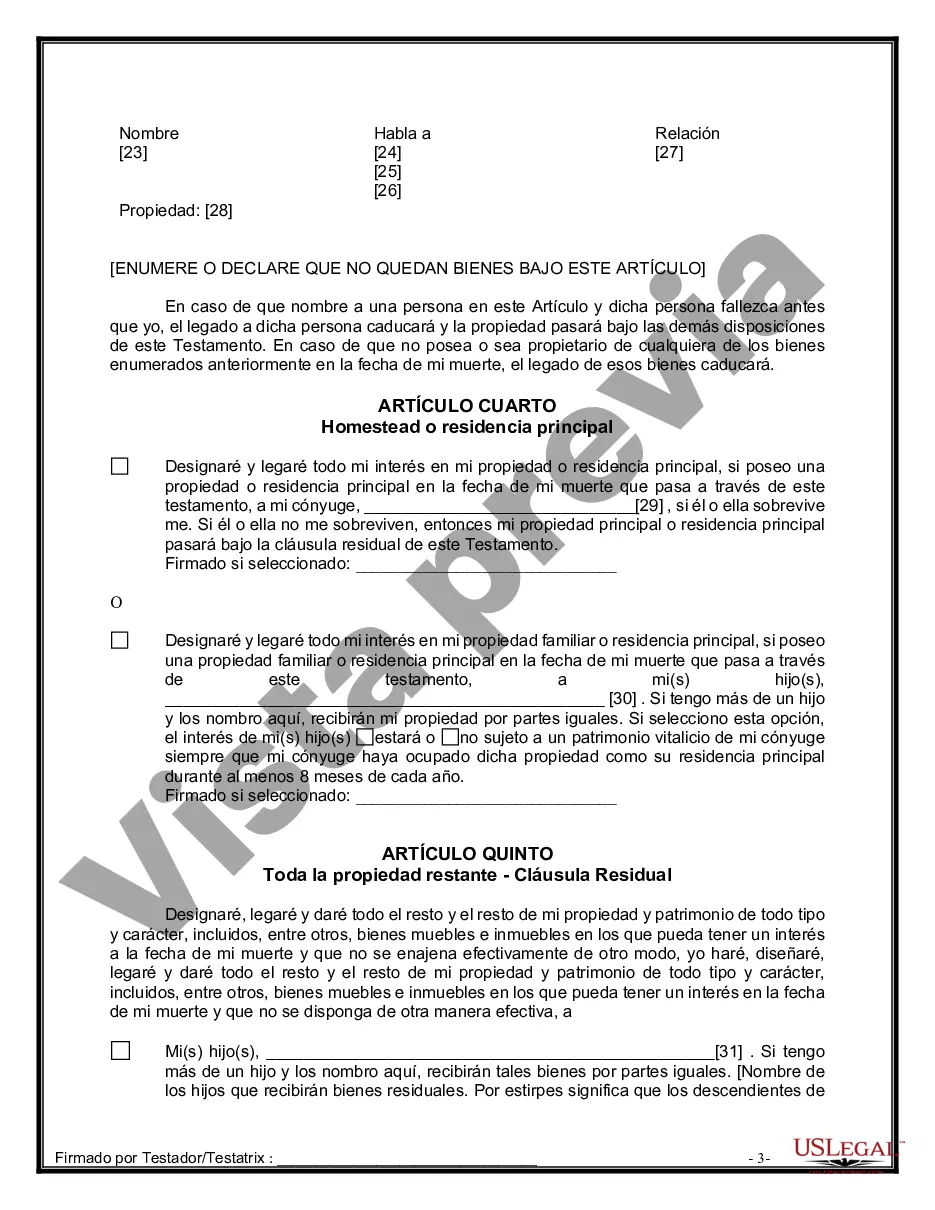Preview Última voluntad y testamento legal para persona casada con hijos menores de edad de un matrimonio anterior
