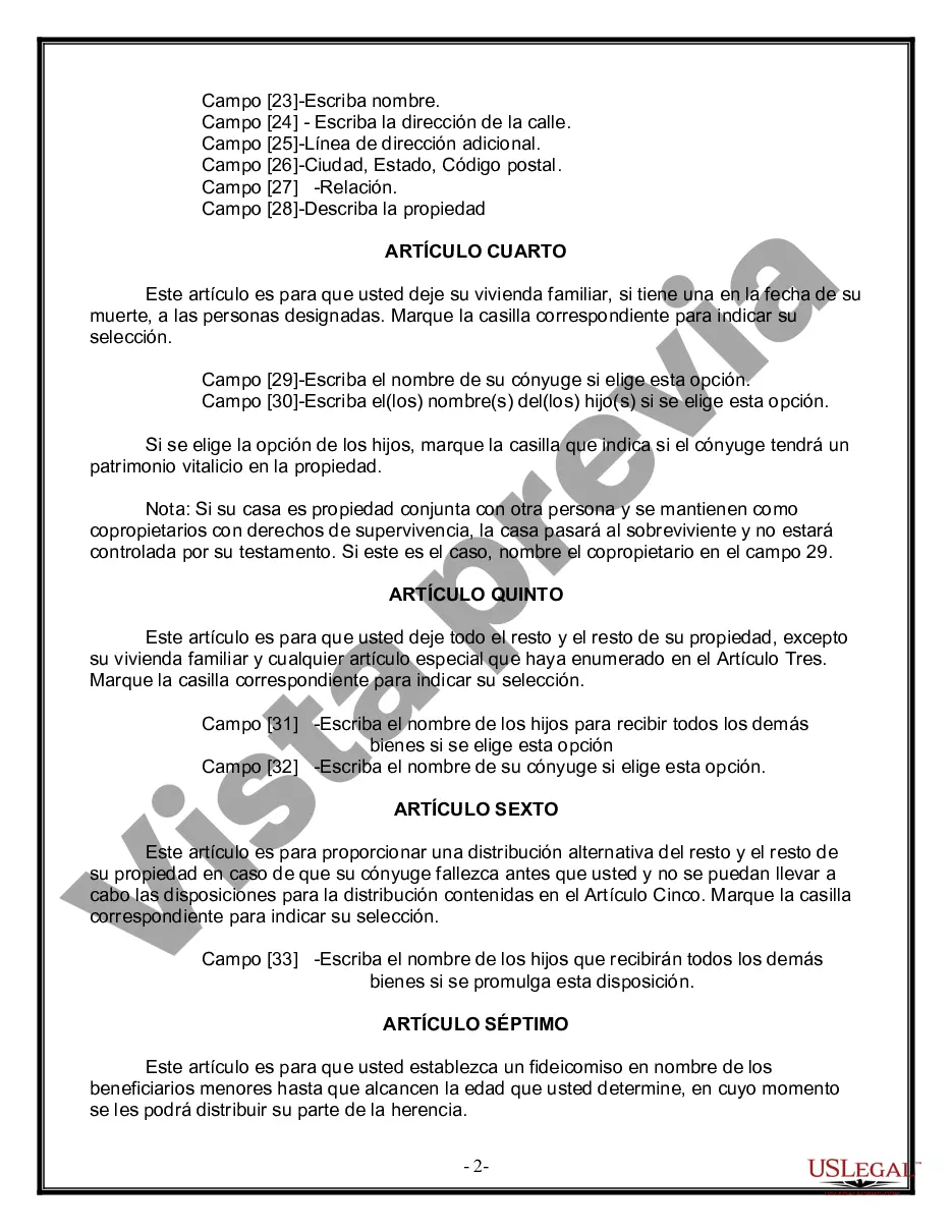 Preview Última voluntad y testamento legal para persona casada con hijos menores de edad de un matrimonio anterior