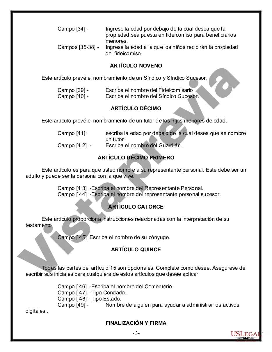 Preview Última voluntad y testamento legal para persona casada con hijos menores de edad de un matrimonio anterior