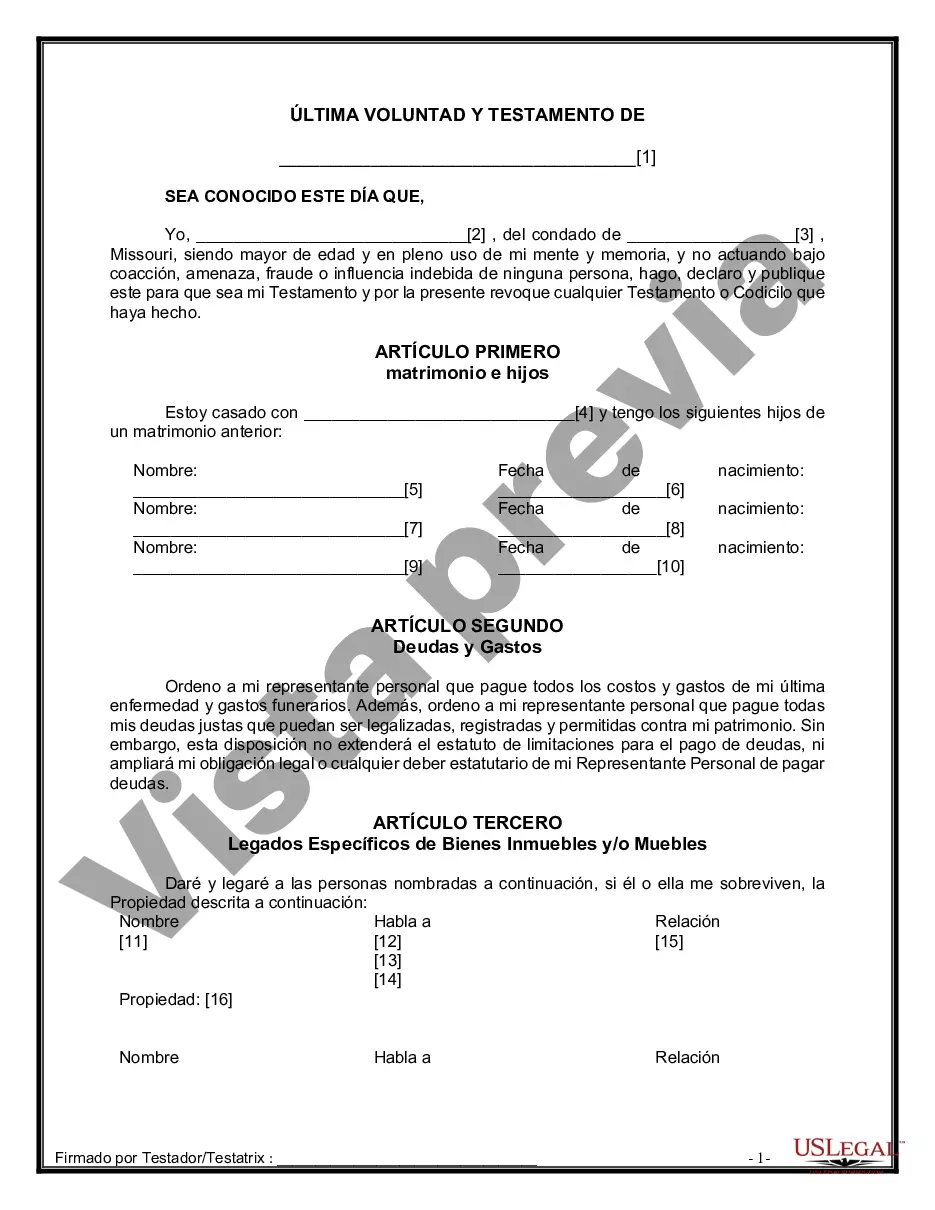 Preview Última voluntad y testamento legal para persona casada con hijos menores de edad de un matrimonio anterior