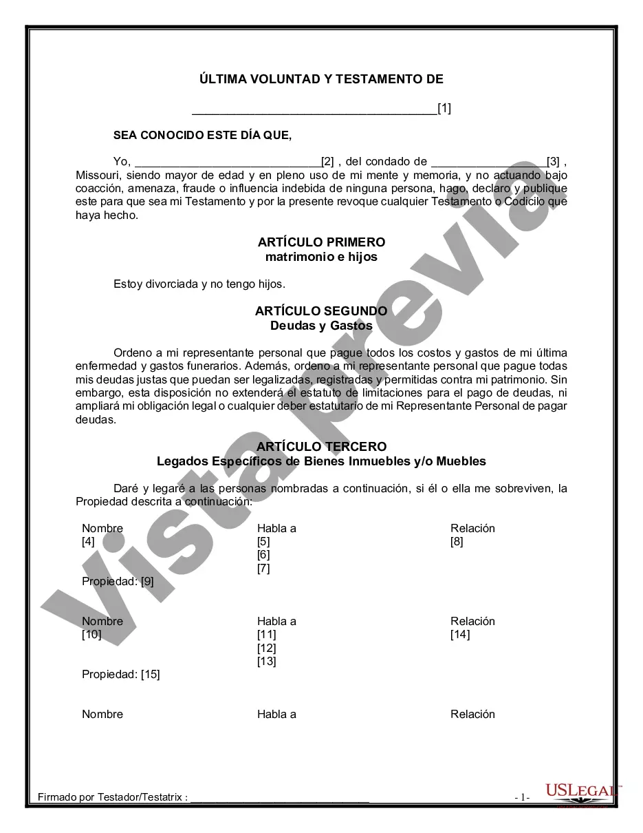 Preview Formulario de última voluntad y testamento legal para personas divorciadas que no se han vuelto a casar y no tienen hijos