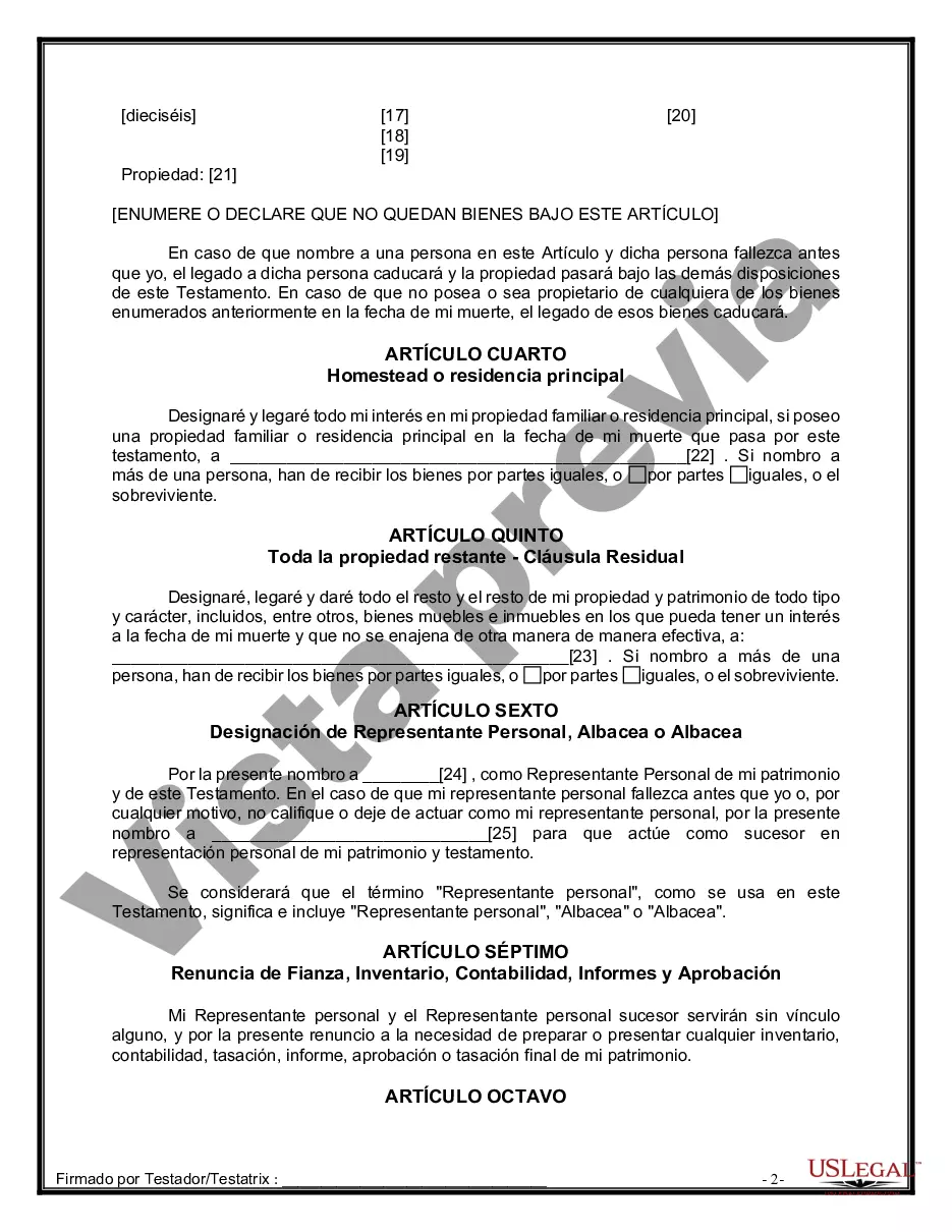 Preview Formulario de última voluntad y testamento legal para personas divorciadas que no se han vuelto a casar y no tienen hijos