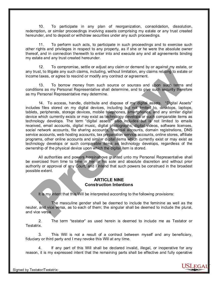 page 9 Legal Last Will and Testament Form for Divorced Person Not Remarried with No Children preview