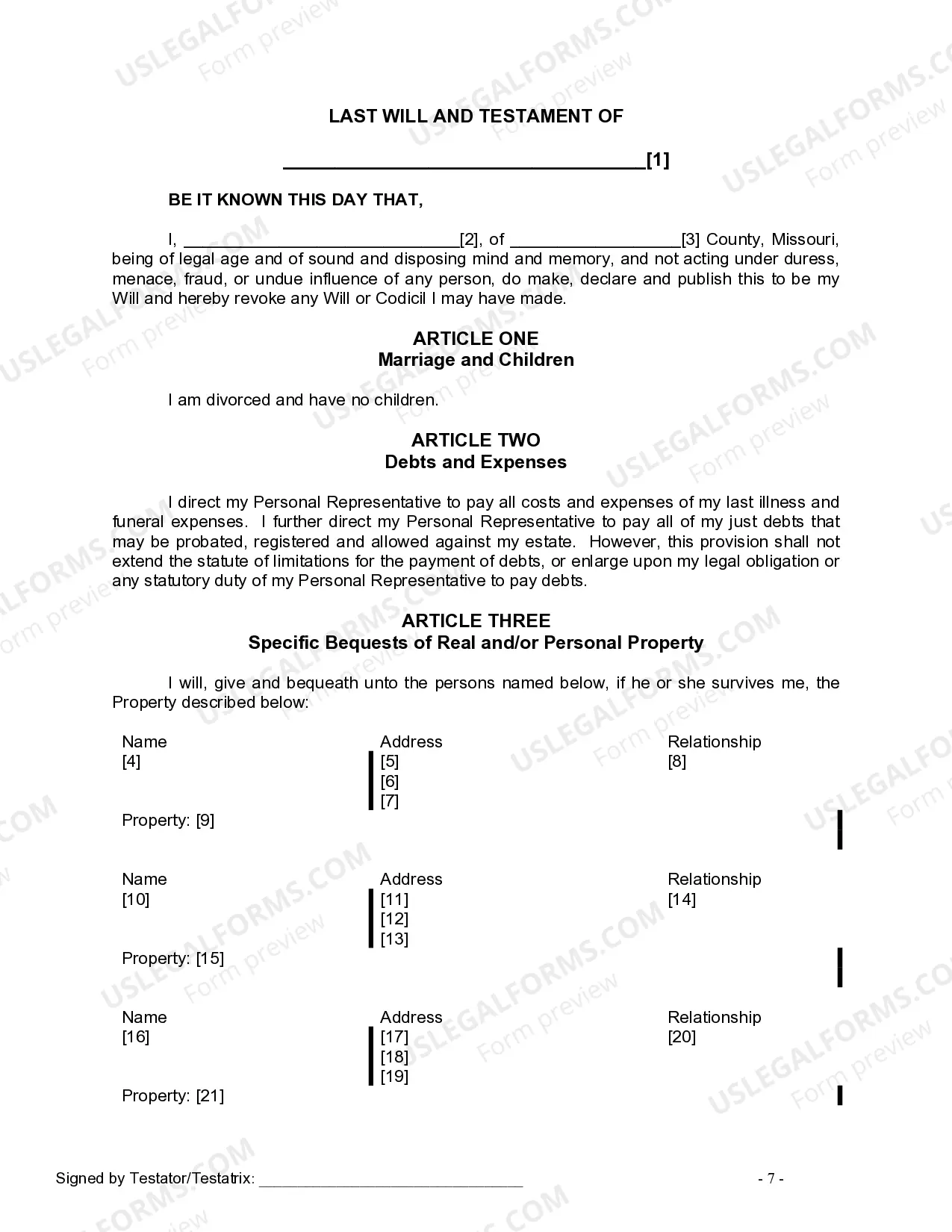 Preview Last Will and Testament for Divorced Person Not Remarried with No Children