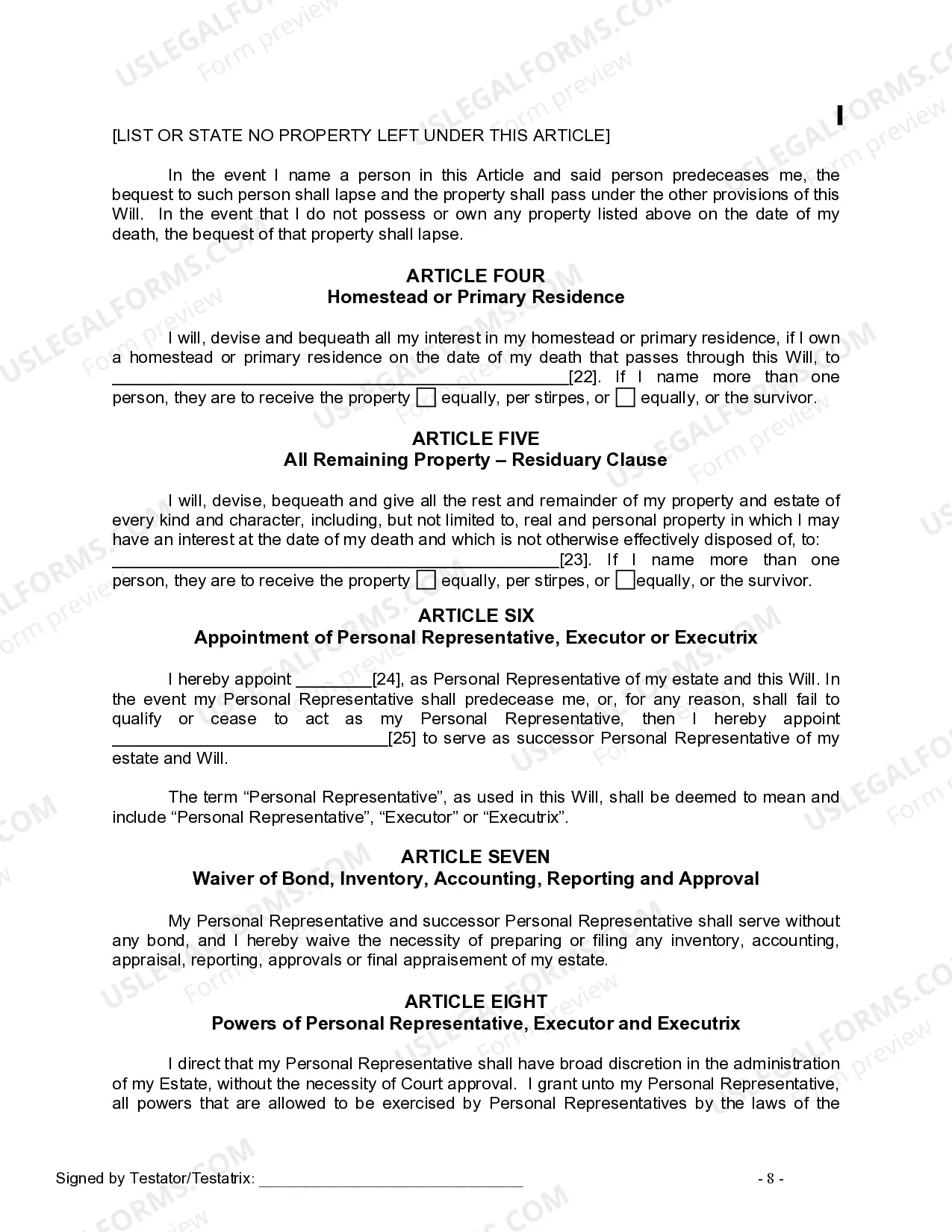 Preview Last Will and Testament for Divorced Person Not Remarried with No Children