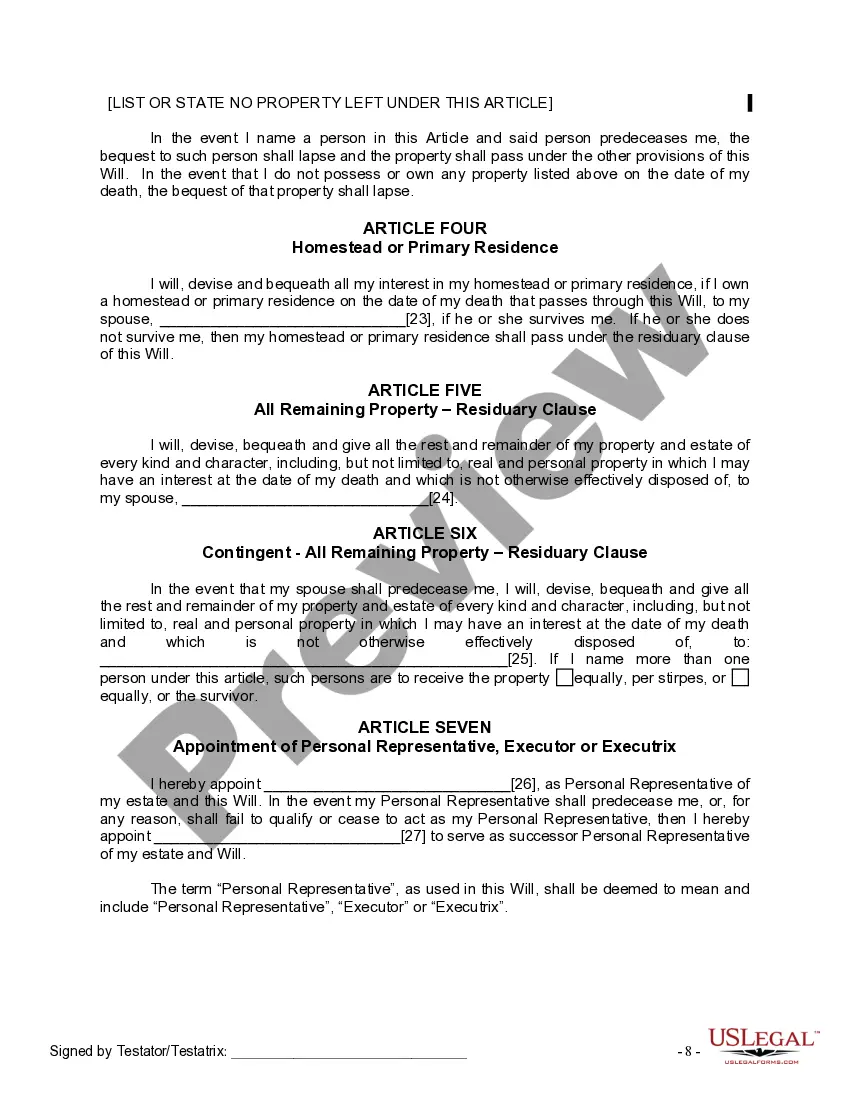 Preview Last Will and Testament for a Married Person with No Children