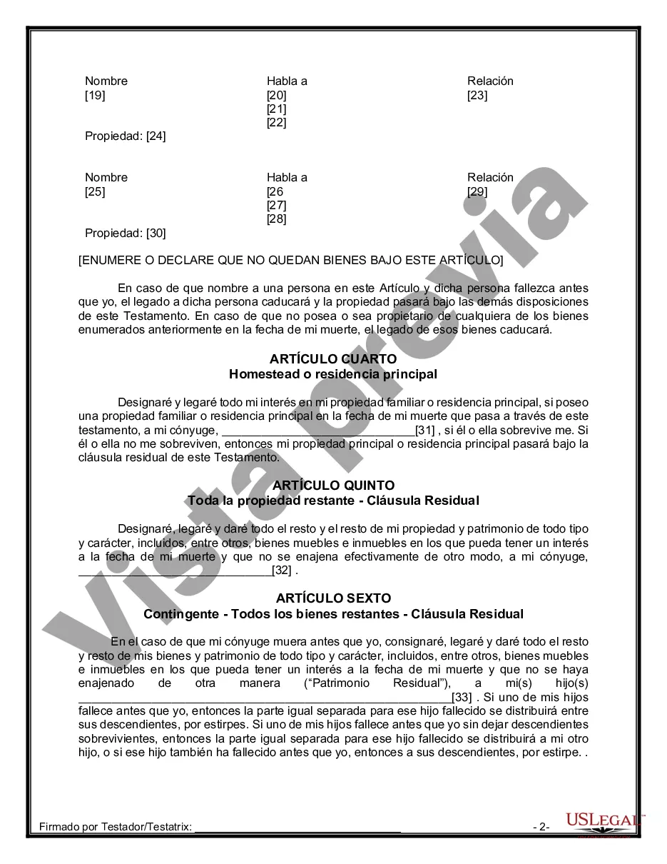 Preview Formulario Legal de Última Voluntad y Testamento para Persona Casada con Hijos Adultos y Menores