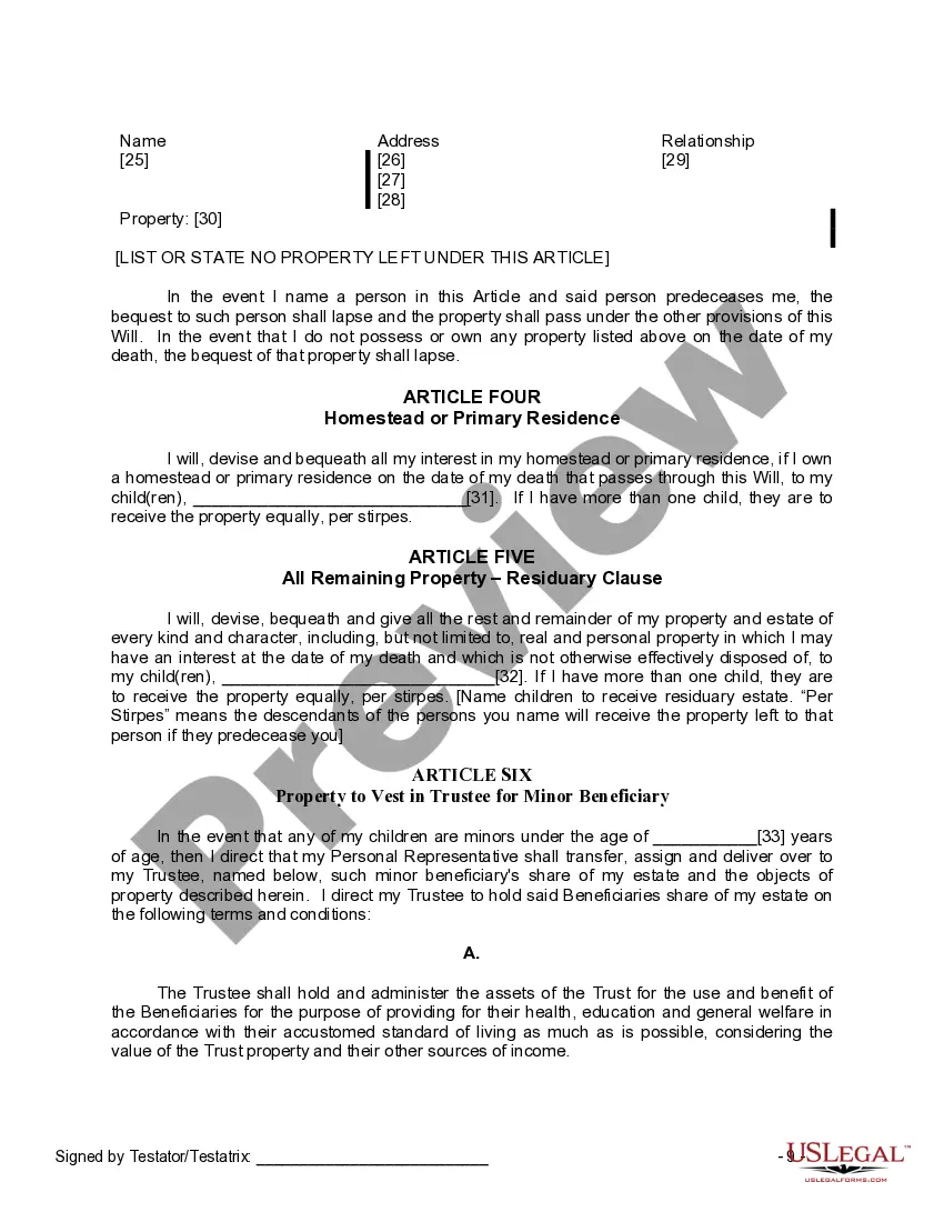 Preview Last Will and Testament for a Widow or Widower with Adult and Minor Children