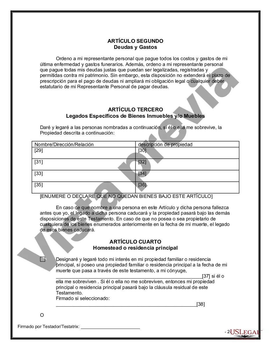 Preview Formulario Legal de Última Voluntad y Testamento para Persona Divorciada y Recasada con Hijos Míos, Tuyos y Nuestros