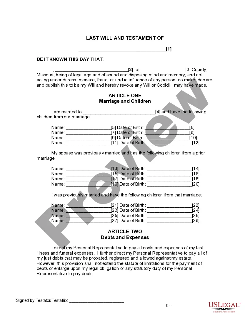 Preview Last Will and Testament for Divorced and Remarried Person with Mine, Yours and Ours Children