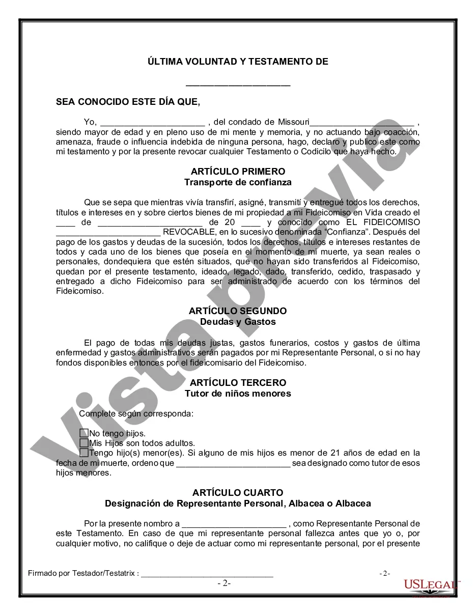 Preview Último testamento legal y formulario de testamento con todos los bienes en fideicomiso llamado testamento invertido