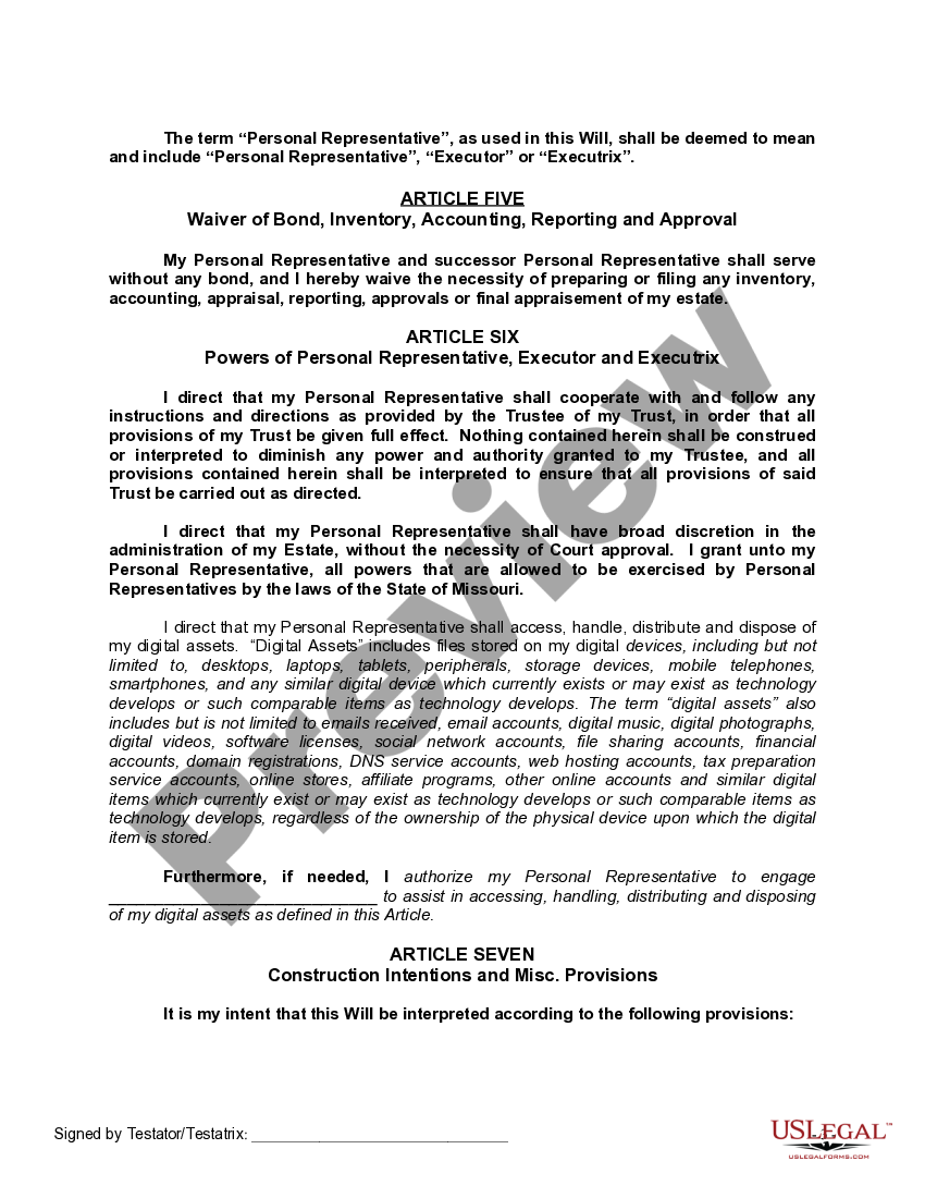 Missouri Legal Last Will and Testament Form with All Property to Trust