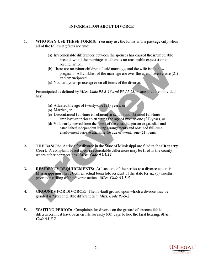 Preview Mississippi No-Fault Uncontested Agreed Divorce Package for Dissolution of Marriage with Adult Children and with or without Property and Debts