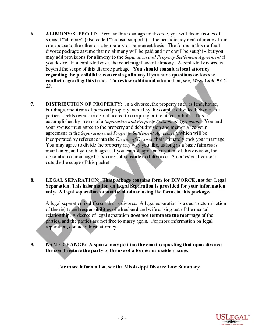 Preview Mississippi No-Fault Uncontested Agreed Divorce Package for Dissolution of Marriage with Adult Children and with or without Property and Debts