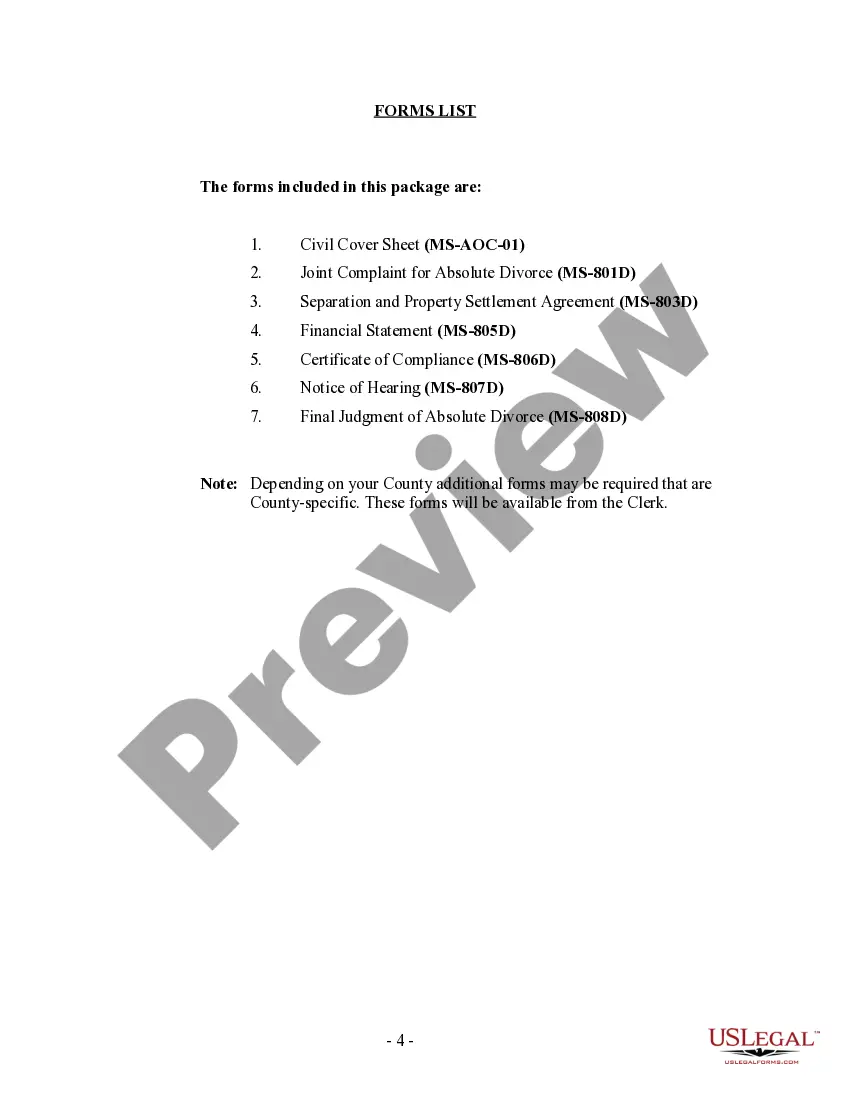Preview Mississippi No-Fault Uncontested Agreed Divorce Package for Dissolution of Marriage with Adult Children and with or without Property and Debts