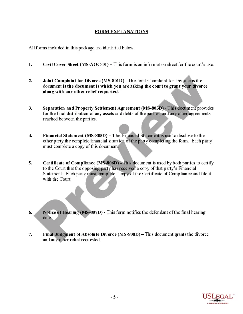 Preview Mississippi No-Fault Uncontested Agreed Divorce Package for Dissolution of Marriage with Adult Children and with or without Property and Debts