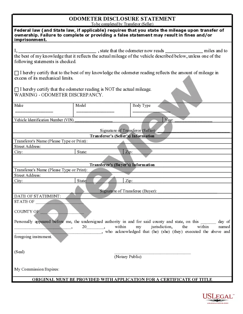Preview Bill of Sale for Automobile or Vehicle including Odometer Statement and Promissory Note