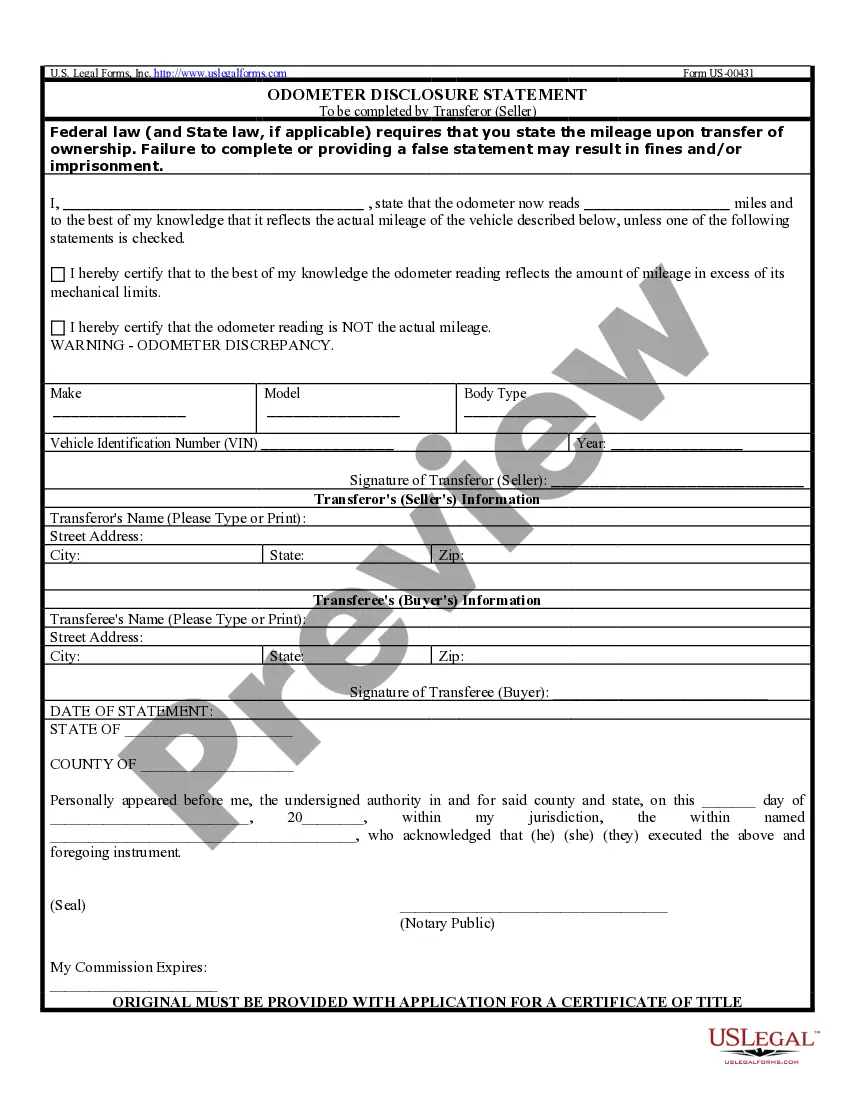 Get Bill of Sale of Automobile and Odometer Statement Preview Bill of Sale of Automobile and Odometer Statement