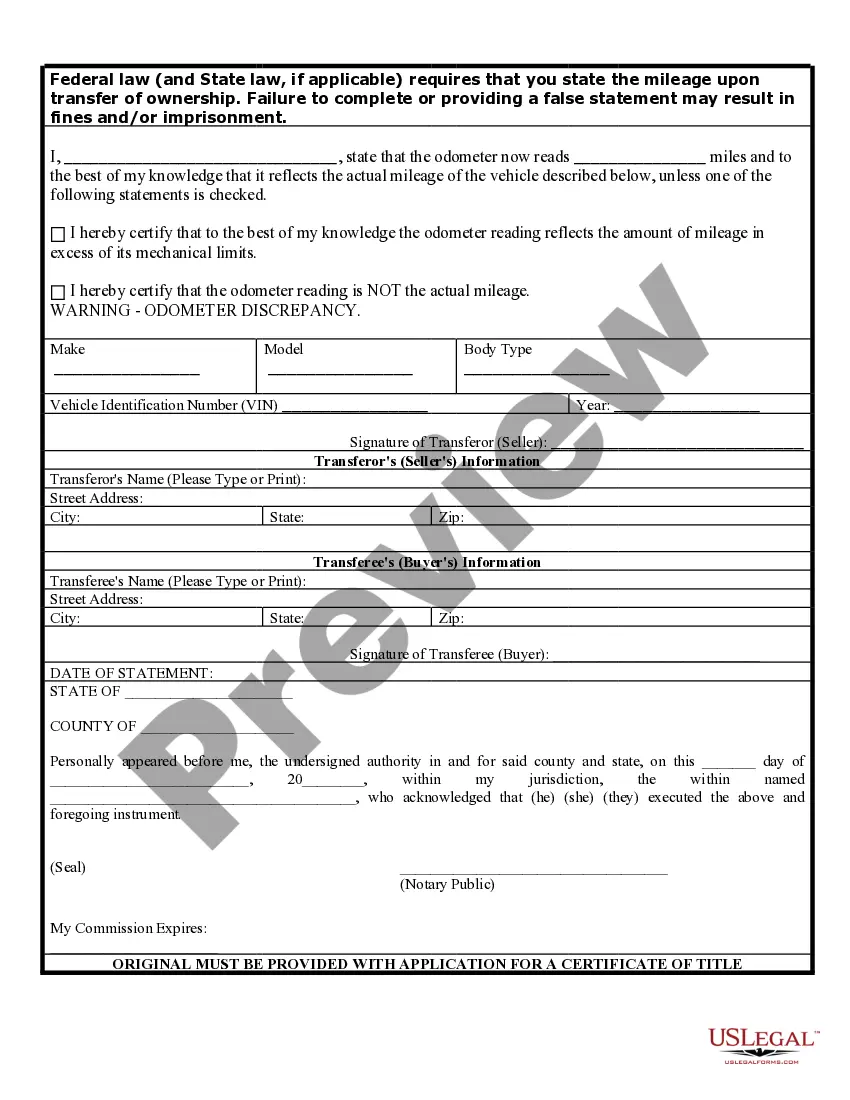 Preview Bill of Sale of Automobile and Odometer Statement for As-Is Sale