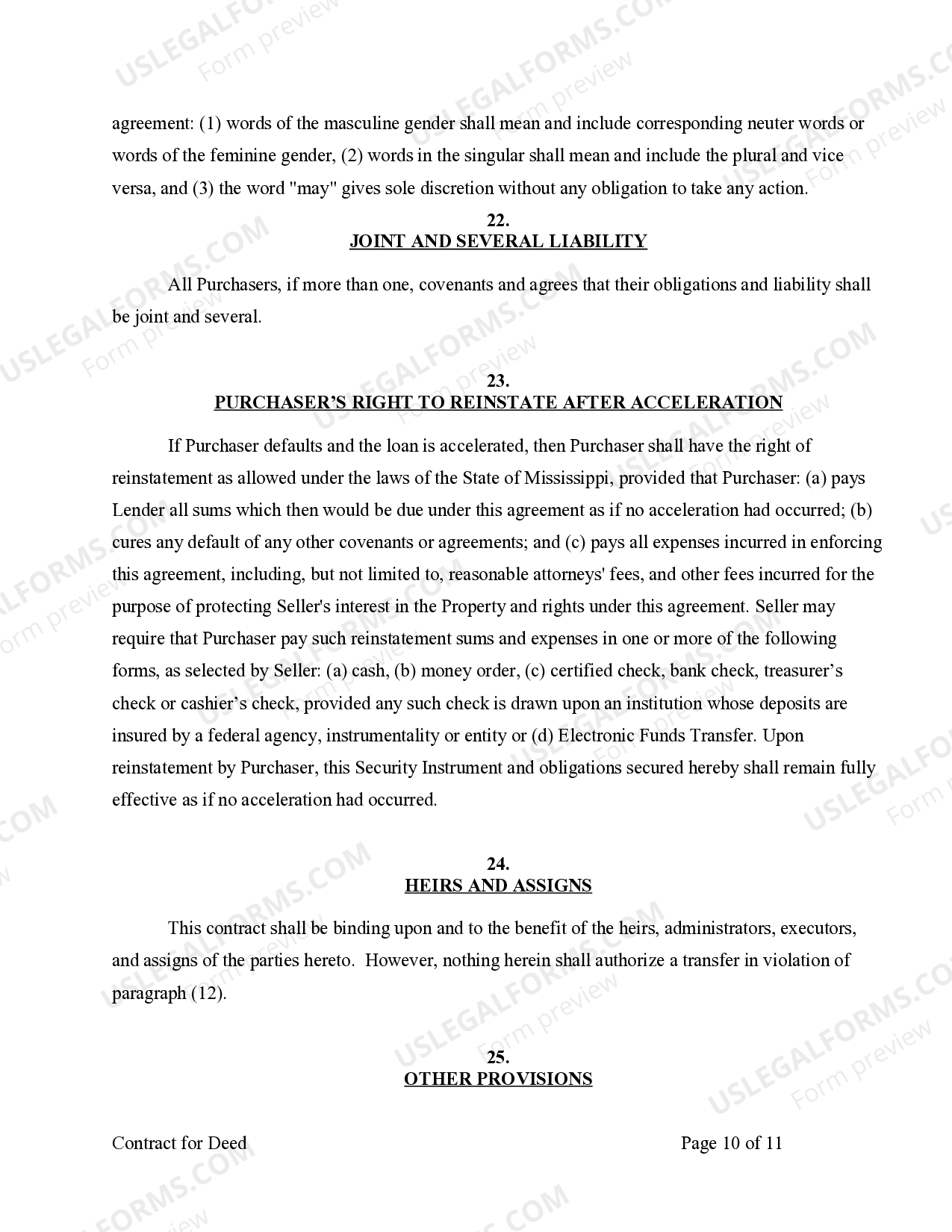 Mississippi Agreement or Contract for Deed for Sale and Purchase of