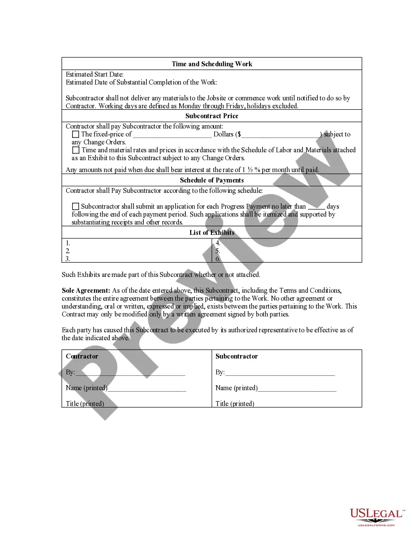 Get Subcontractor's Agreement Preview Subcontractor's Agreement