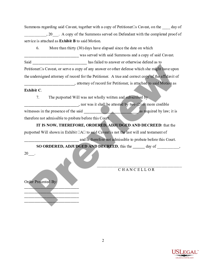 Mississippi Order Approving Caveat to Alleged Last Will and Testament ...