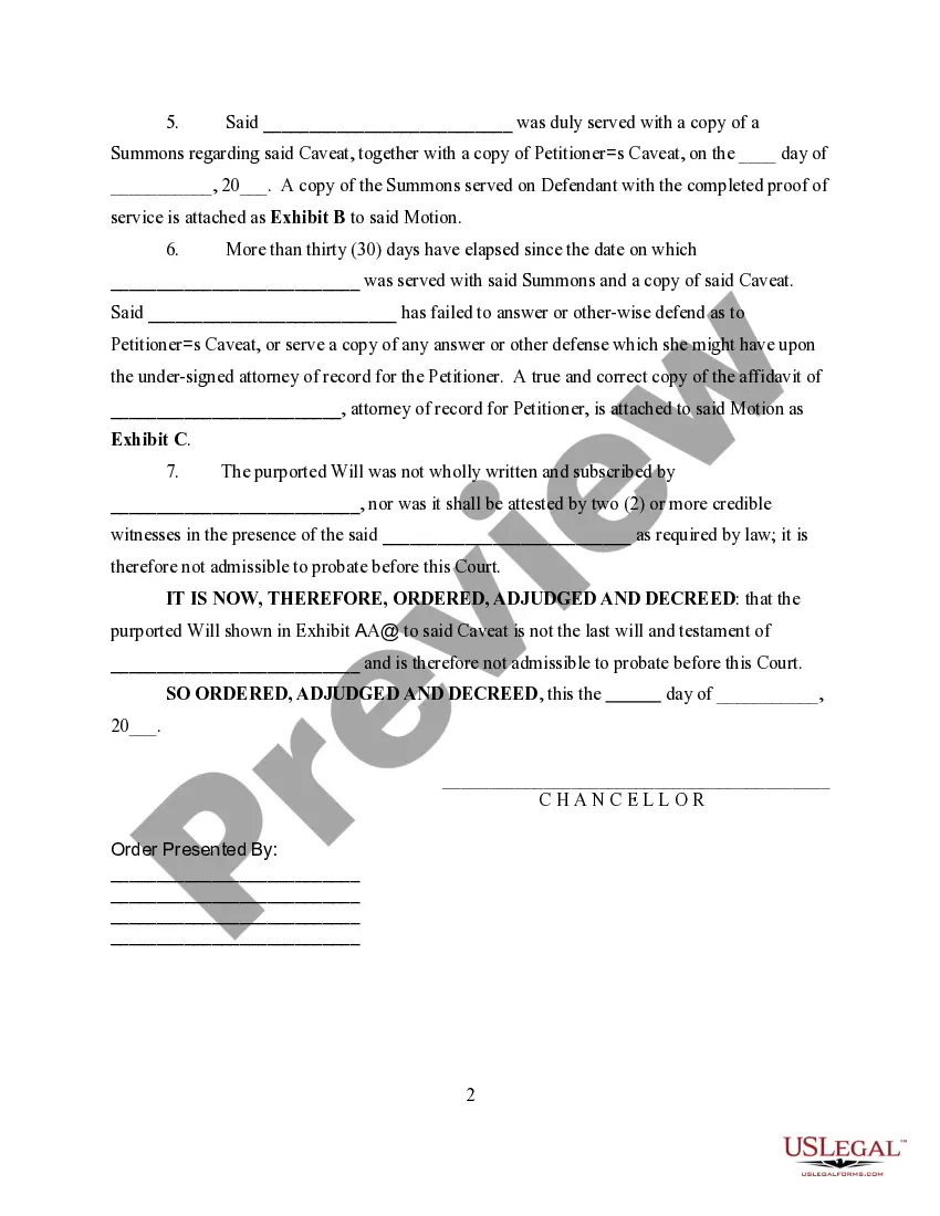 Get Order Approving Caveat to Alleged Last Will and Testament Preview Order Approving Caveat to Alleged Last Will and Testament