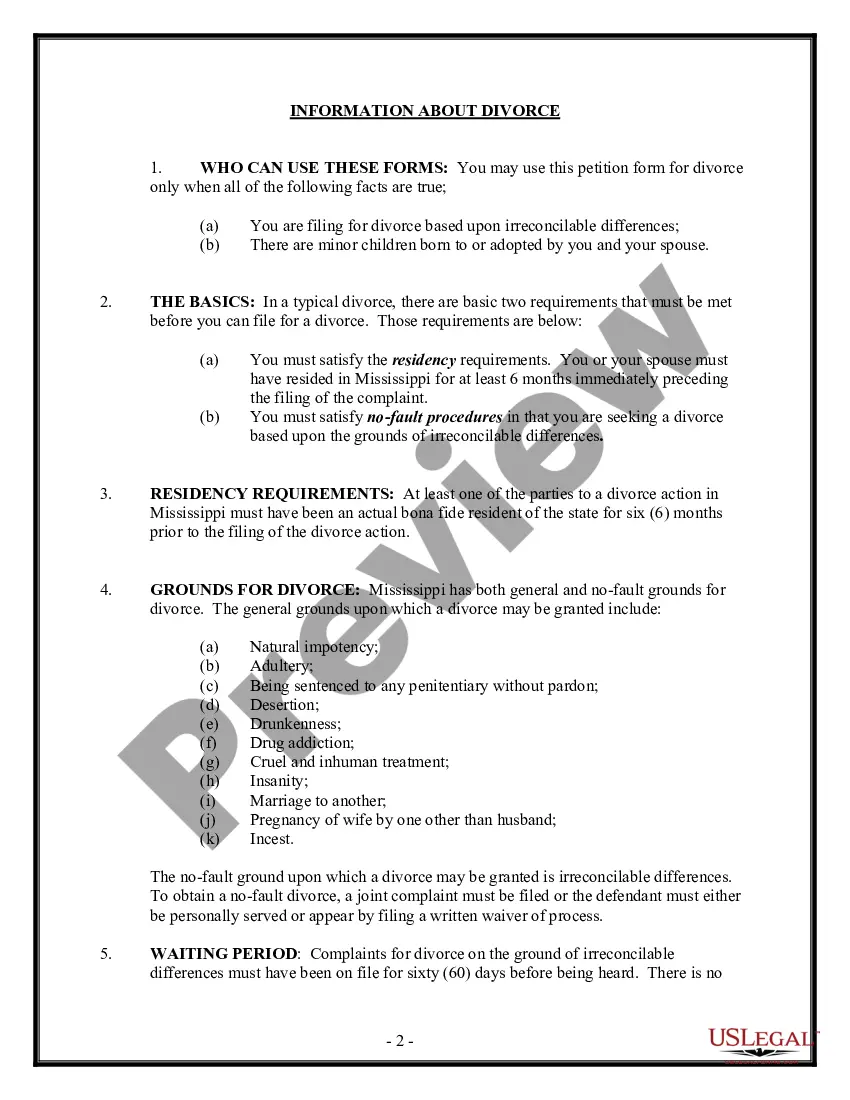 Get Mississippi No-Fault Agreed Uncontested Divorce Package for Dissolution of Marriage for people with Minor Children Preview Mississippi No-Fault Agreed Uncontested Divorce Package for Dissolution of Marriage for people with Minor Children