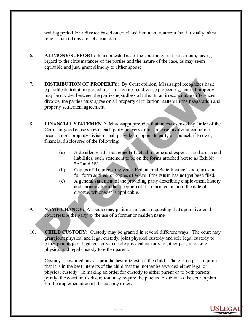 Get Mississippi No-Fault Agreed Uncontested Divorce Package for Dissolution of Marriage for people with Minor Children Preview Mississippi No-Fault Agreed Uncontested Divorce Package for Dissolution of Marriage for people with Minor Children