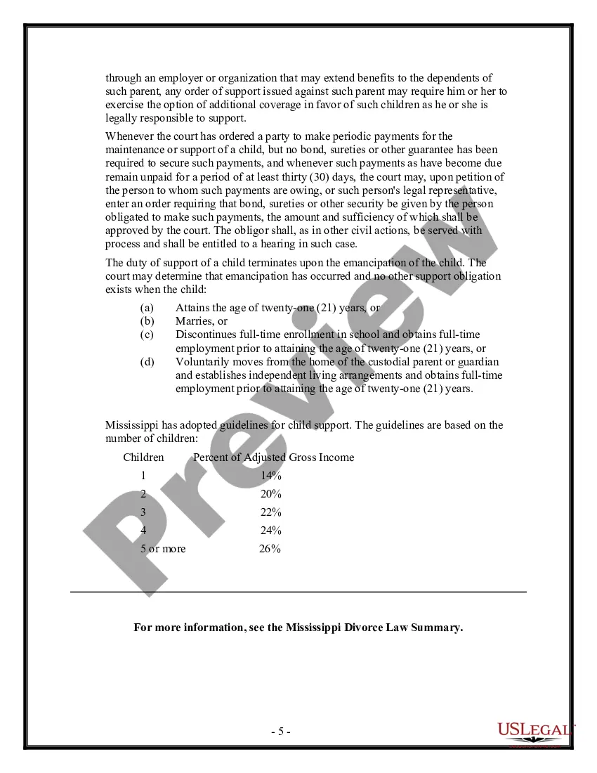 Get Mississippi No-Fault Agreed Uncontested Divorce Package for Dissolution of Marriage for people with Minor Children Preview Mississippi No-Fault Agreed Uncontested Divorce Package for Dissolution of Marriage for people with Minor Children