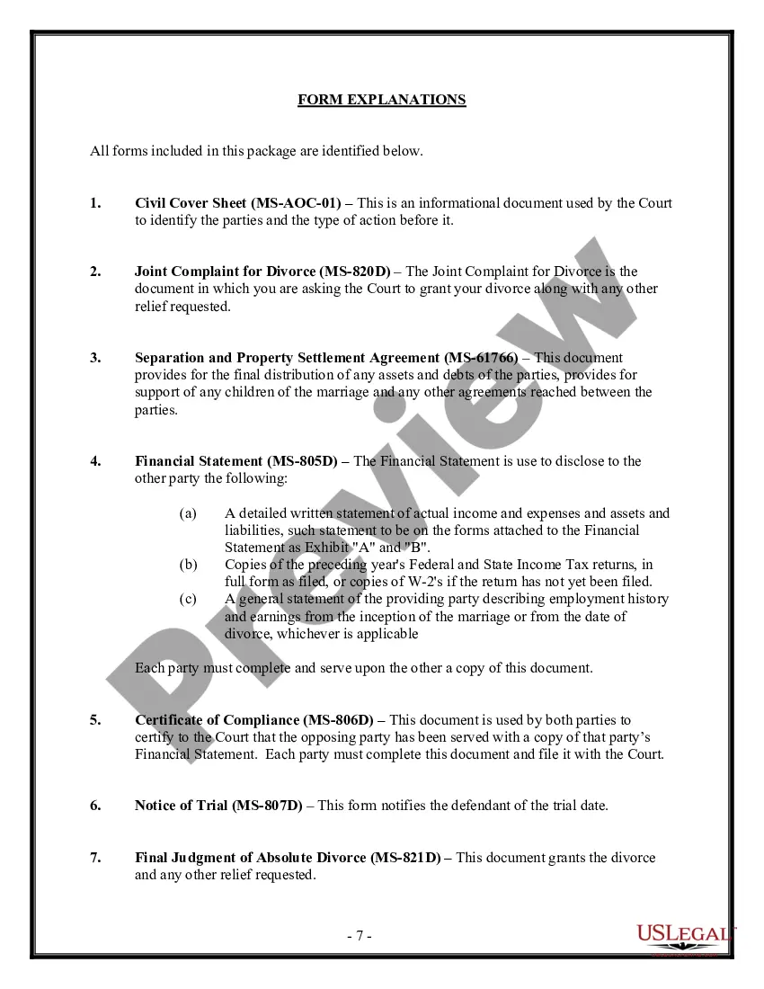 Get Mississippi No-Fault Agreed Uncontested Divorce Package for Dissolution of Marriage for people with Minor Children Preview Mississippi No-Fault Agreed Uncontested Divorce Package for Dissolution of Marriage for people with Minor Children