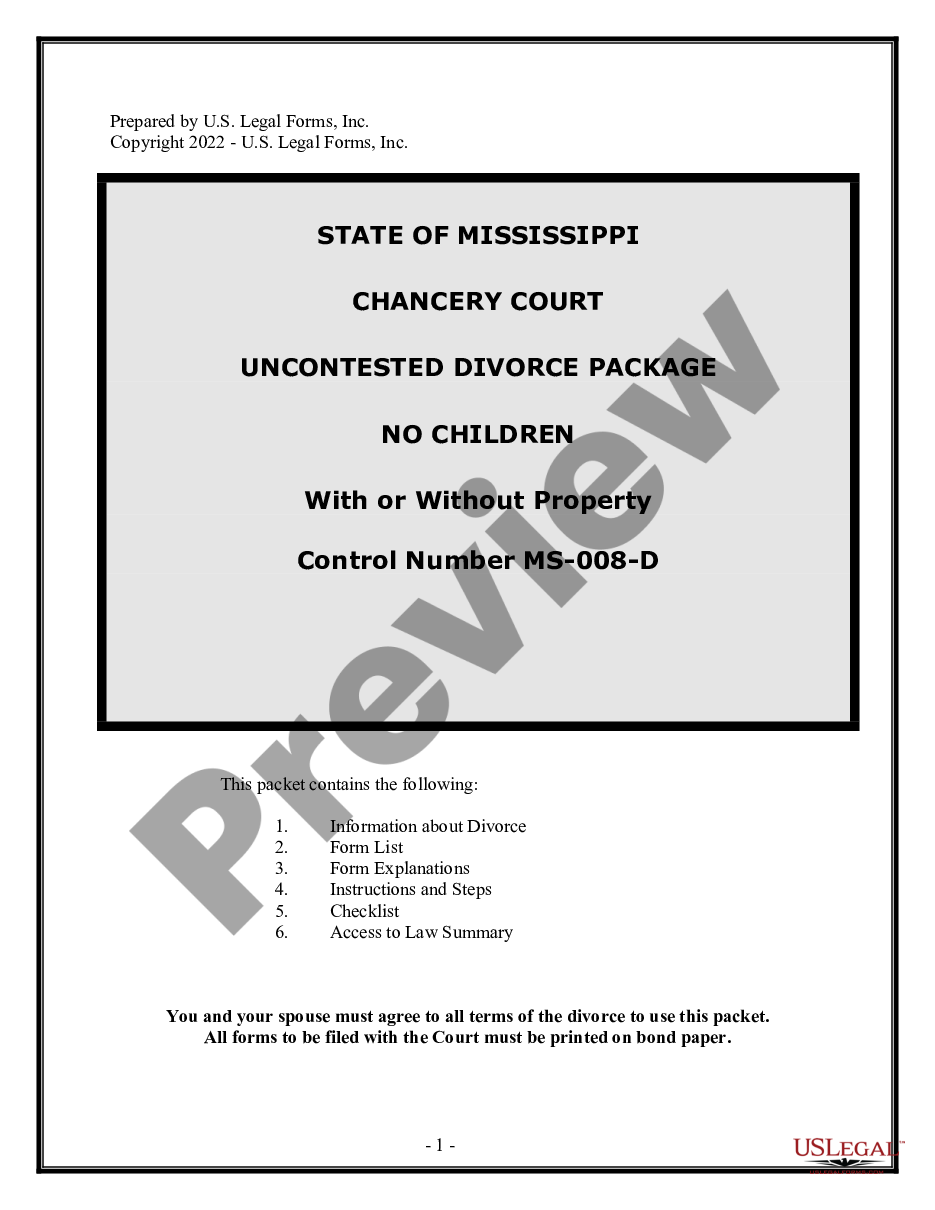form No-Fault Agreed Uncontested Divorce Package for Dissolution of Marriage for Persons with No Children with or without Property and Debts preview
