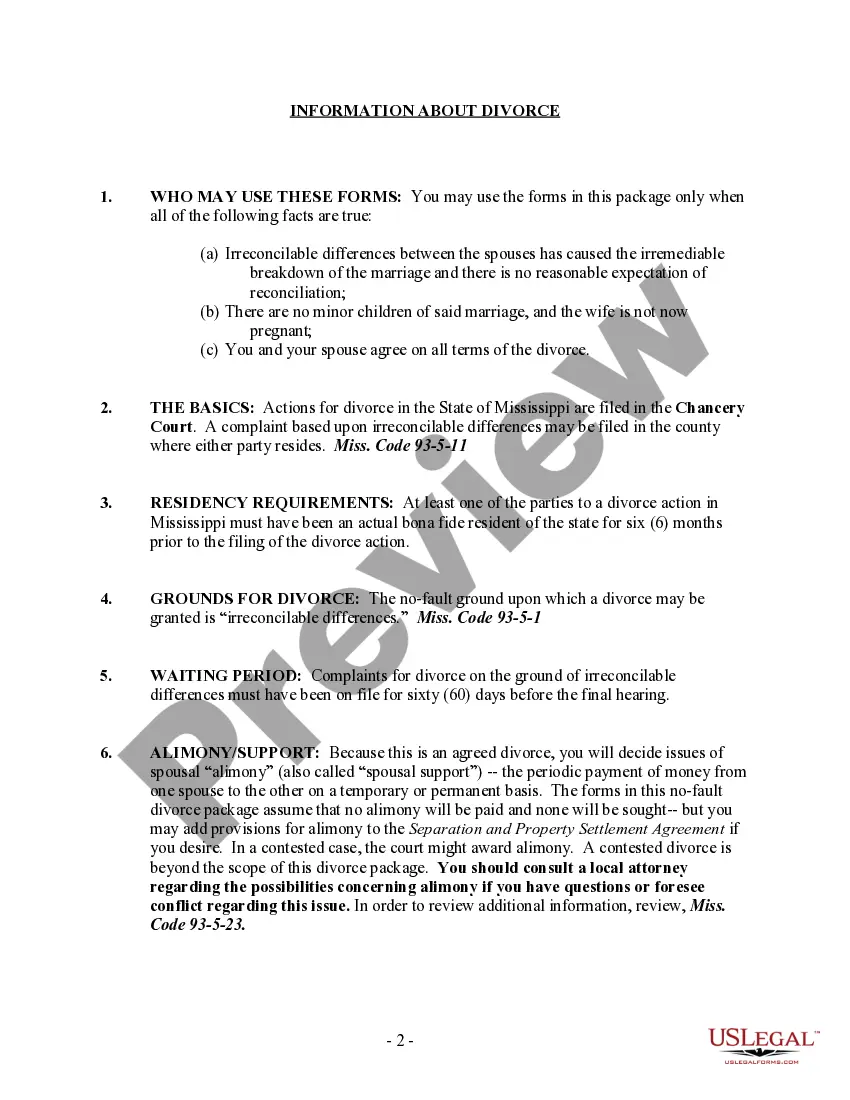 Preview Mississippi No-Fault Agreed Uncontested Divorce Package for Dissolution of Marriage for Persons with No Children with or without Property and Debts