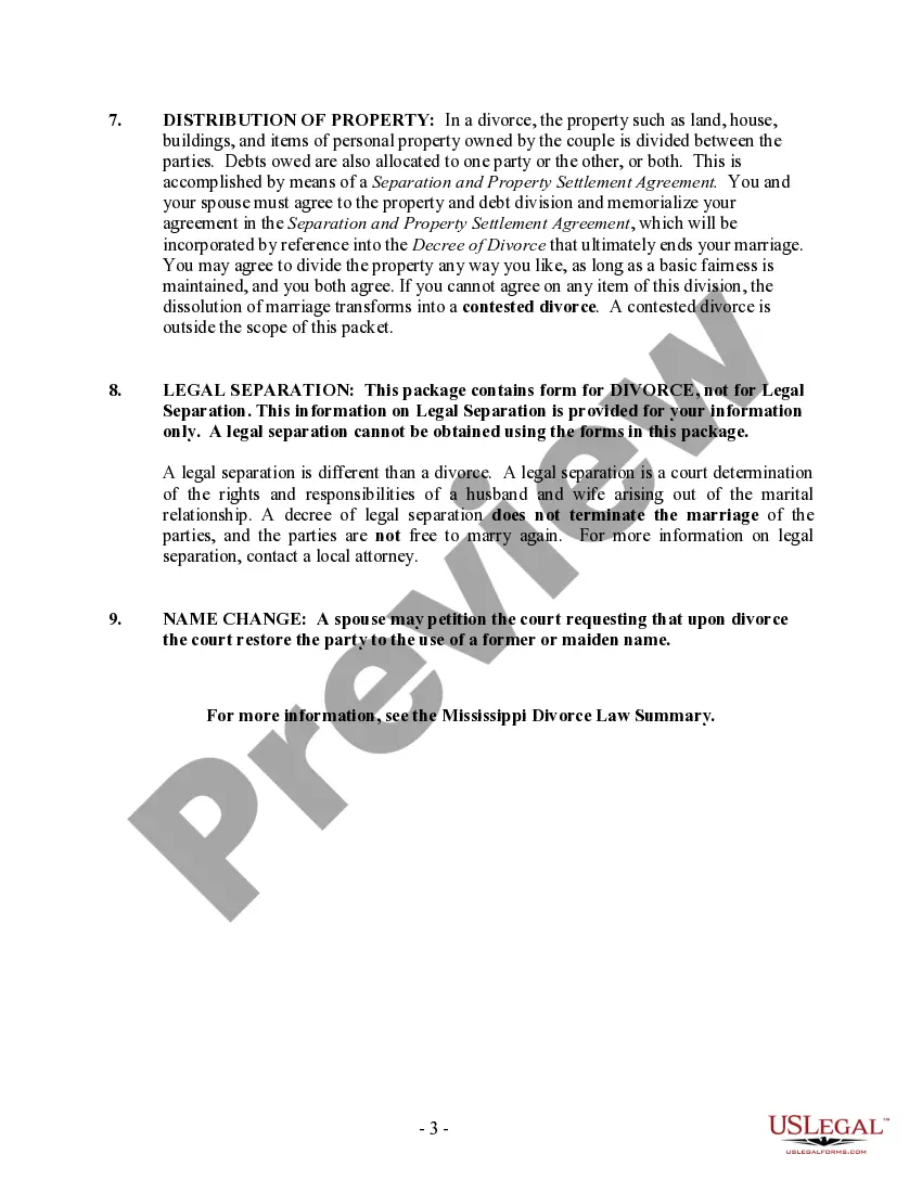 Preview Mississippi No-Fault Agreed Uncontested Divorce Package for Dissolution of Marriage for Persons with No Children with or without Property and Debts